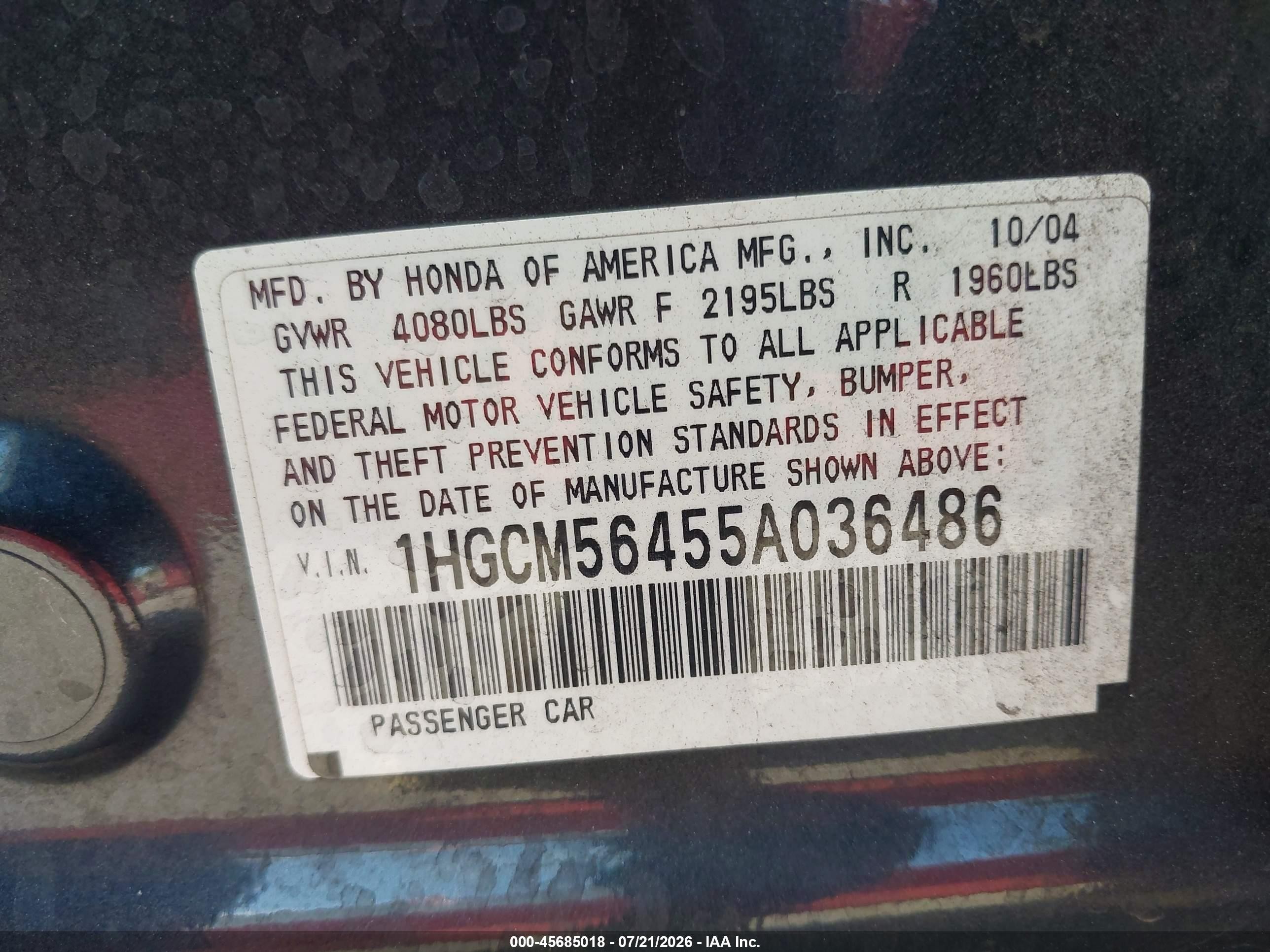 2005 Honda Accord 2.4 Lx Gray vin: 1HGCM56455A036486
