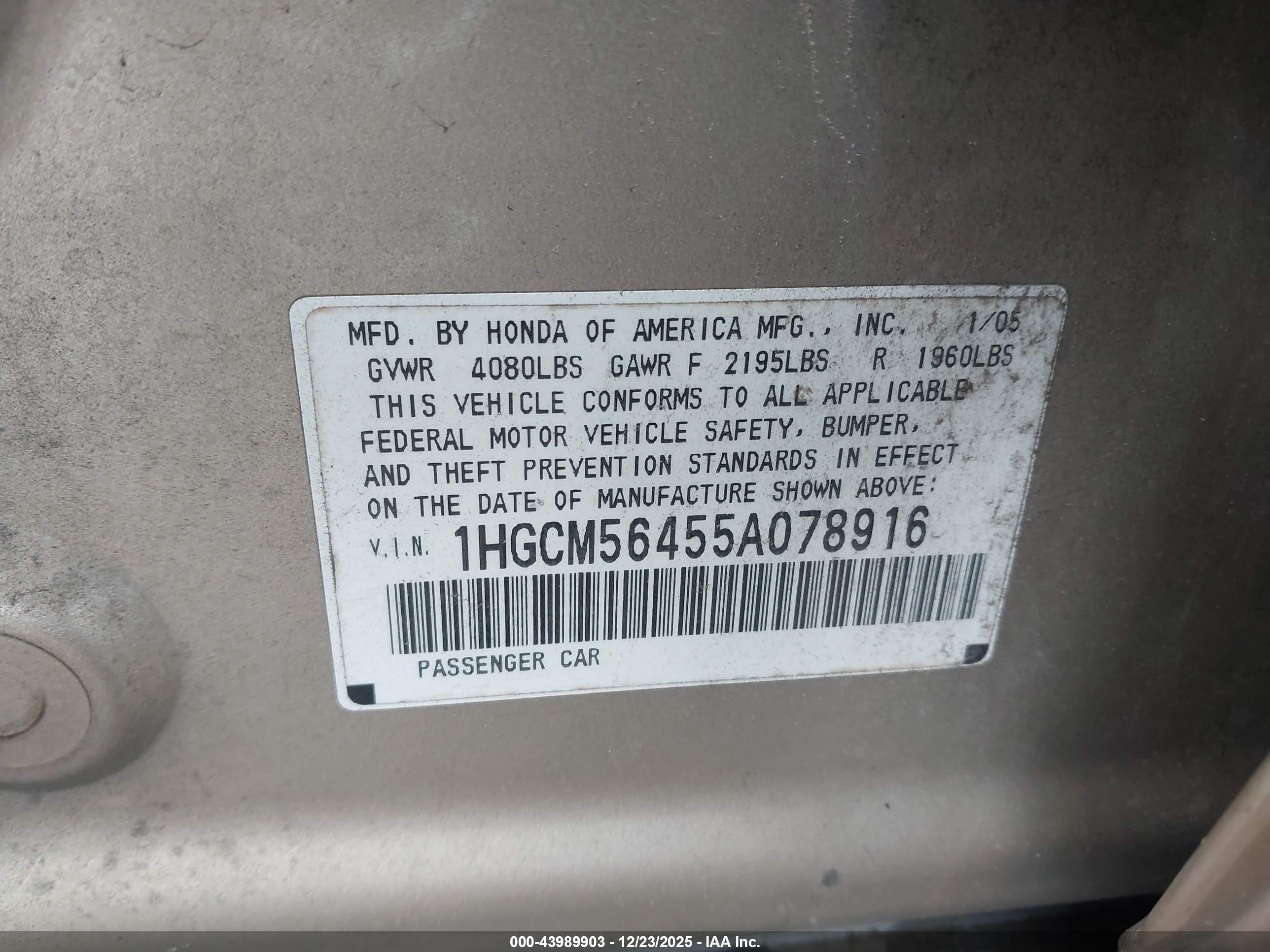 2005 Honda Accord Lx Gold vin: 1HGCM56455A078916