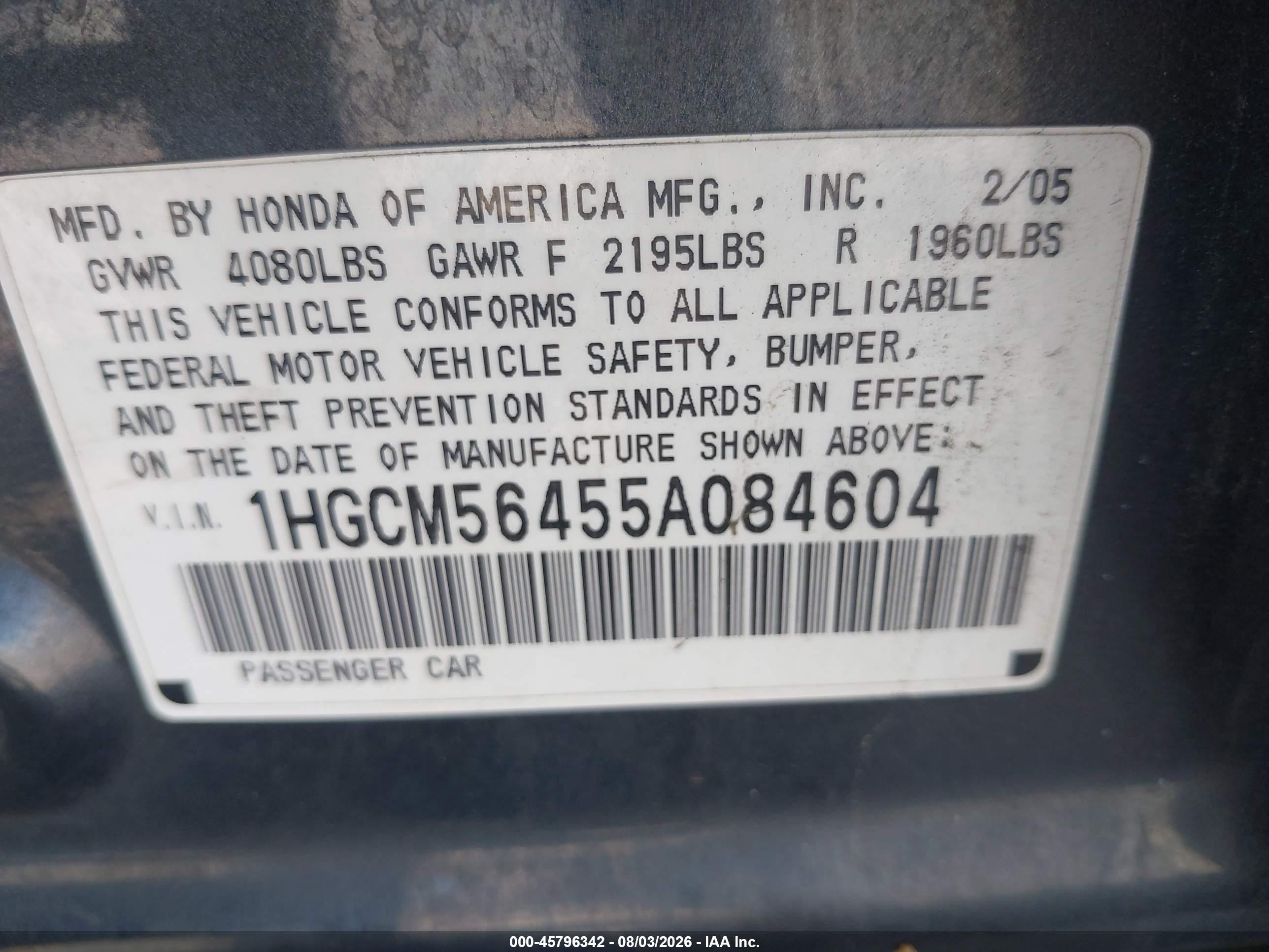 2005 Honda Accord 2.4 Lx Gray vin: 1HGCM56455A084604