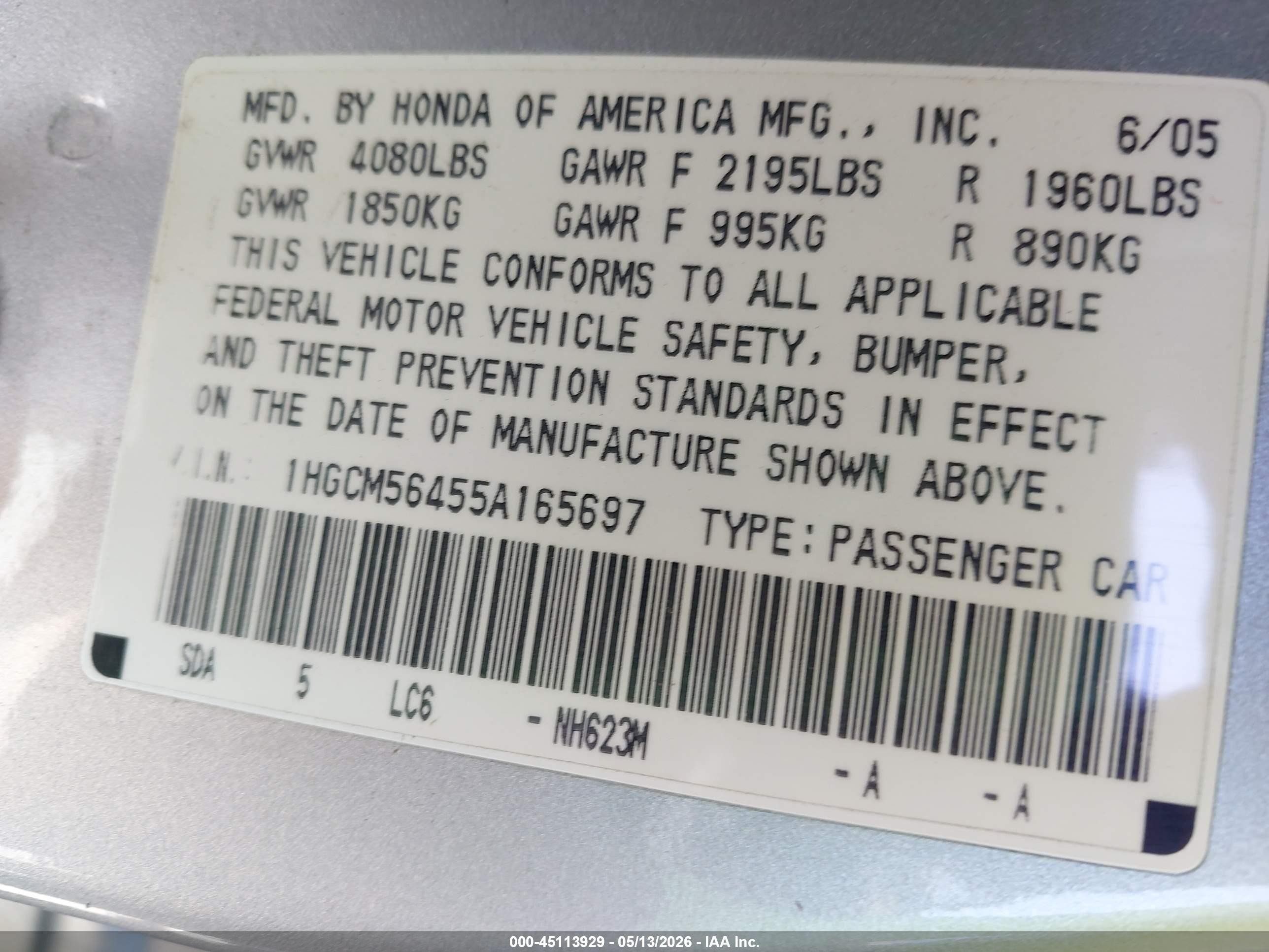 2005 Honda Accord 2.4 Lx Silver vin: 1HGCM56455A165697