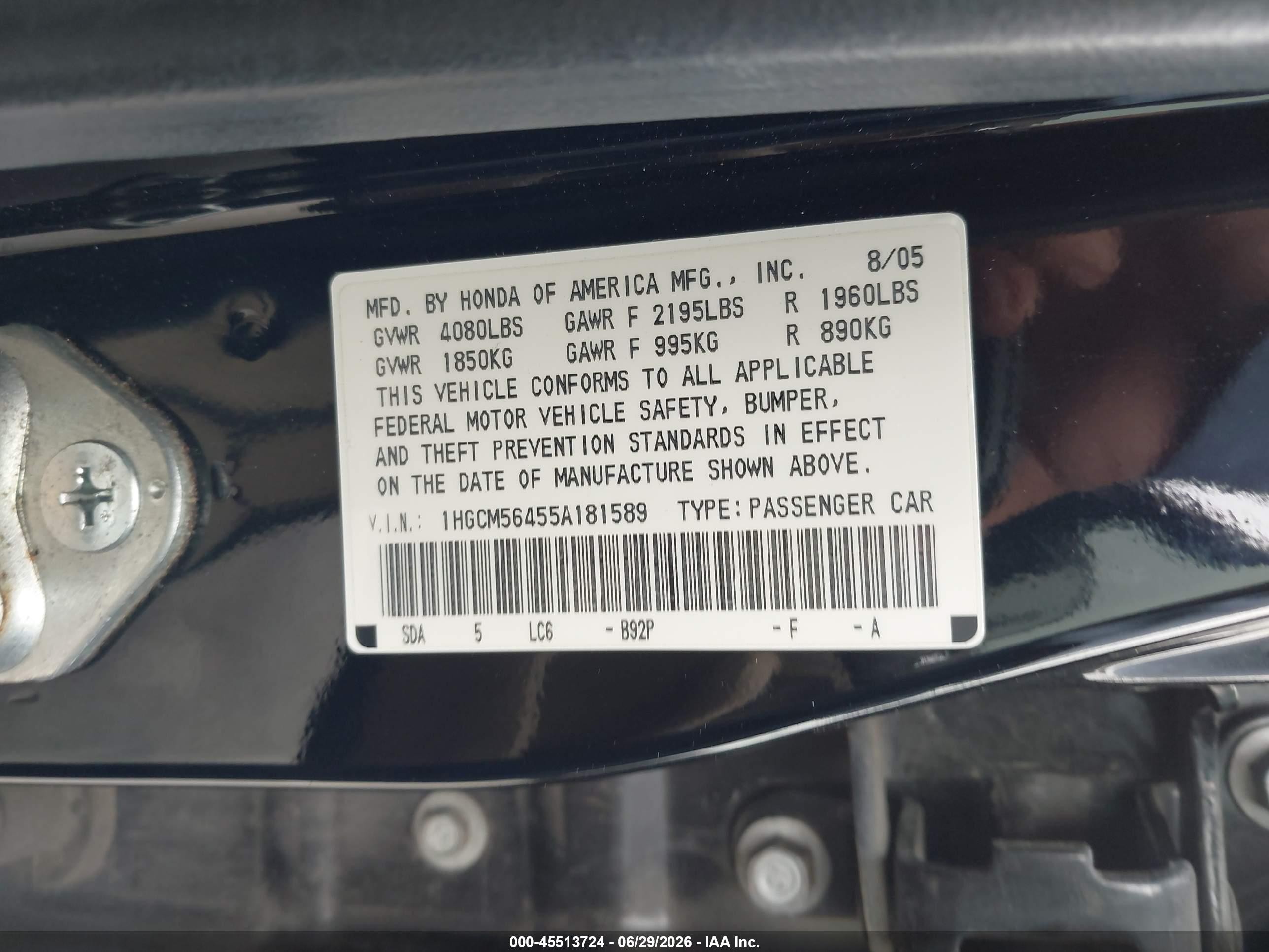 2005 Honda Accord 2.4 Lx Black vin: 1HGCM56455A181589