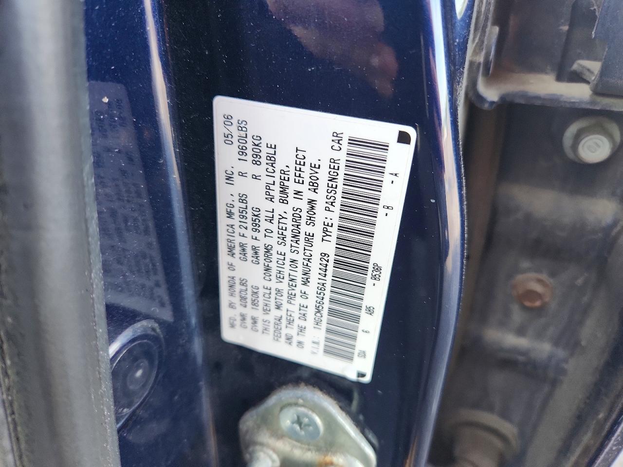 2006 Honda Accord Lx Blue vin: 1HGCM56456A144429