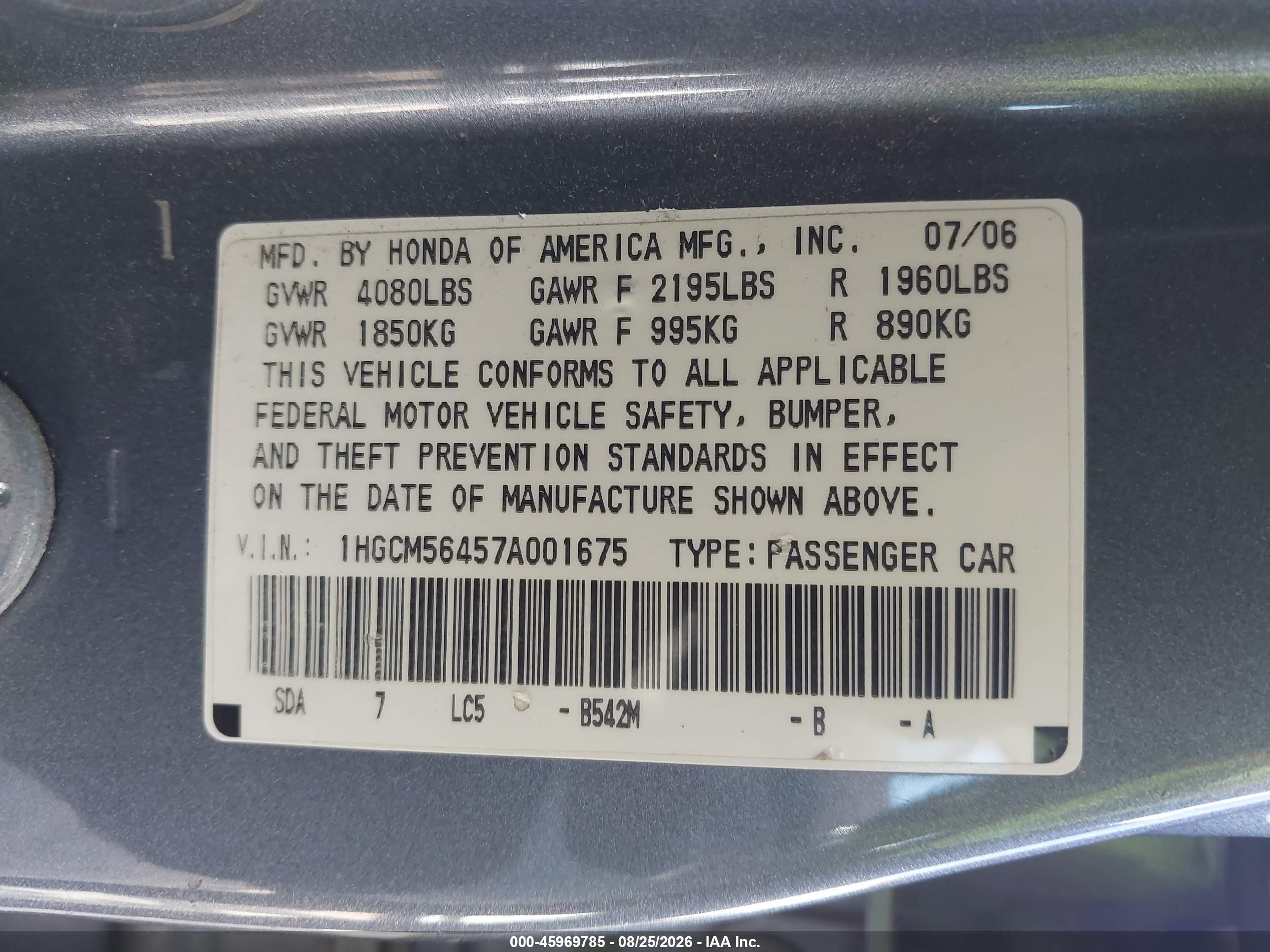 2007 Honda Accord 2.4 Lx Серебряный vin: 1HGCM56457A001675