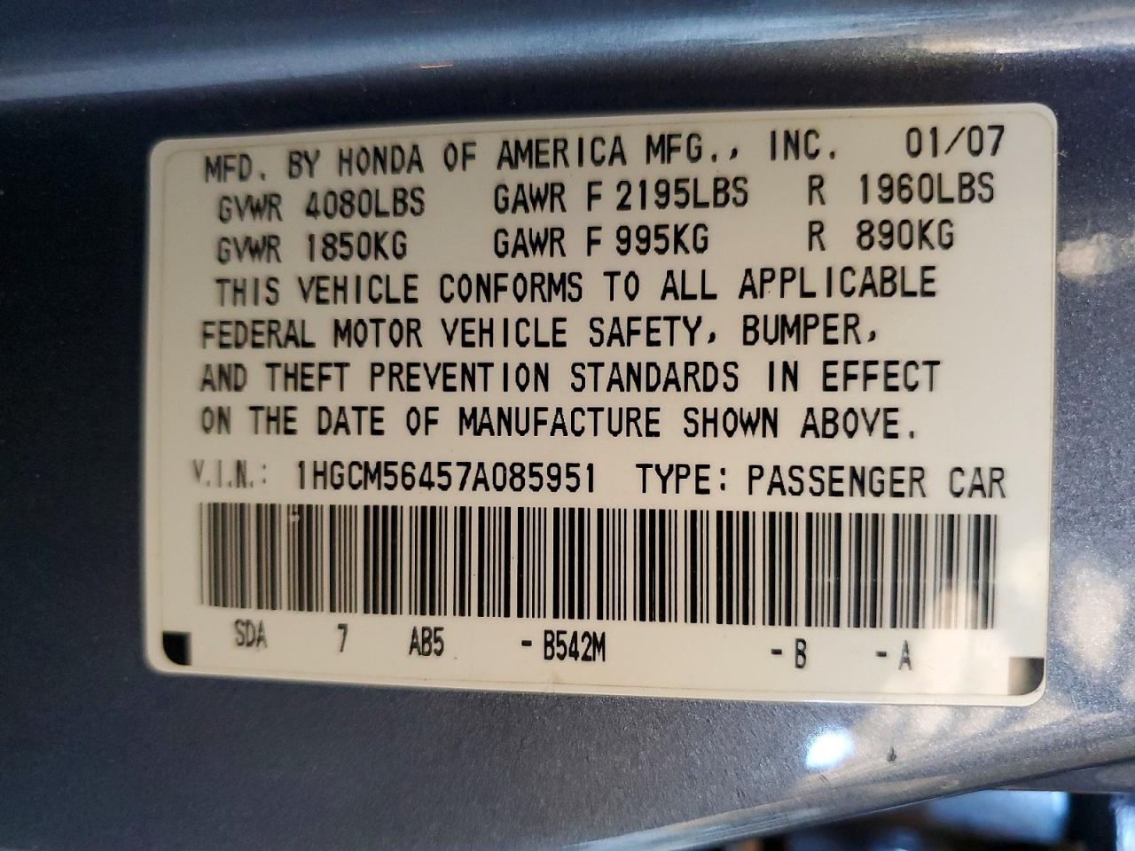 2007 Honda Accord Lx Blue vin: 1HGCM56457A085951