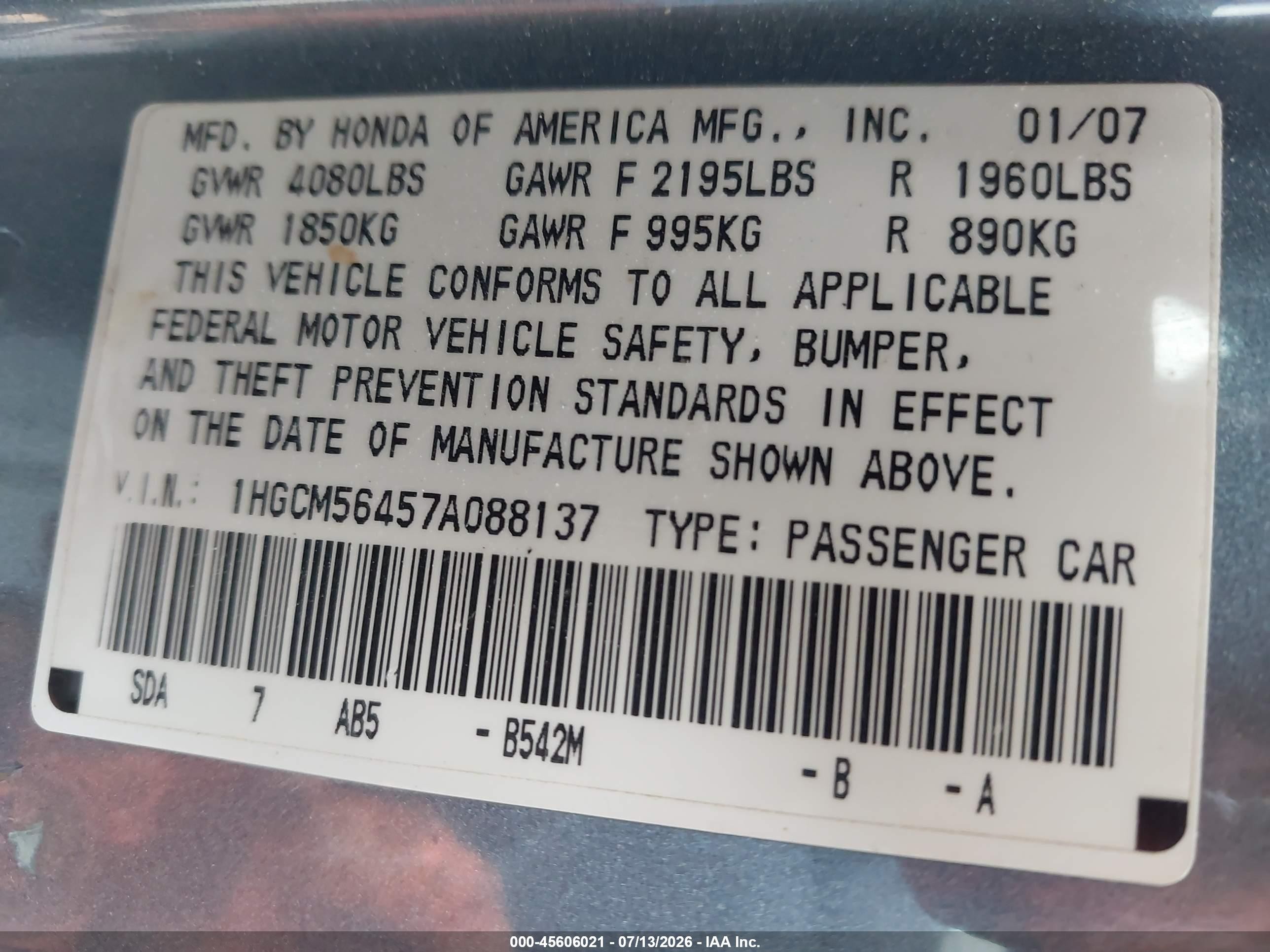 2007 Honda Accord 2.4 Lx Серый vin: 1HGCM56457A088137