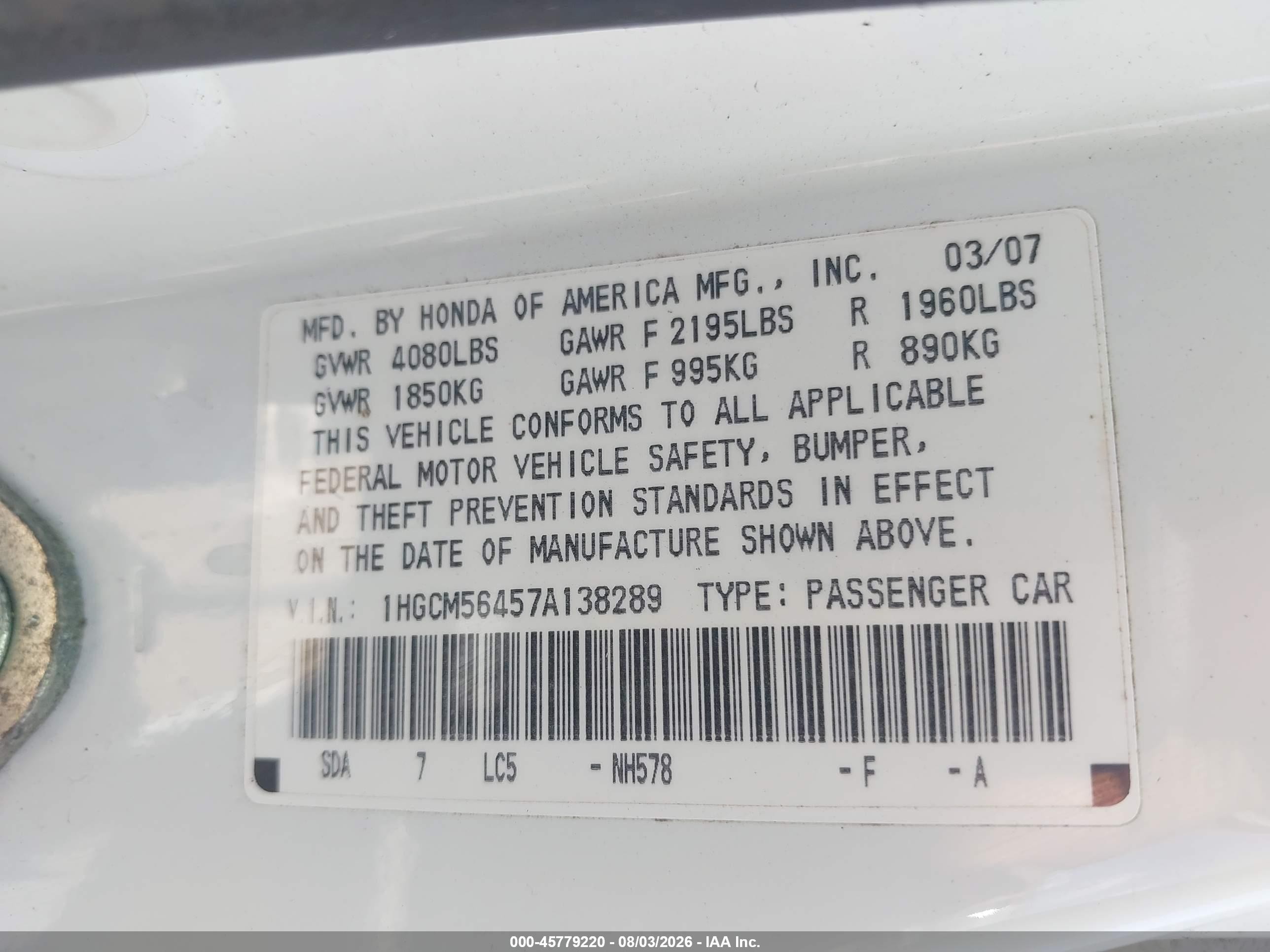 2007 Honda Accord 2.4 Lx White vin: 1HGCM56457A138289