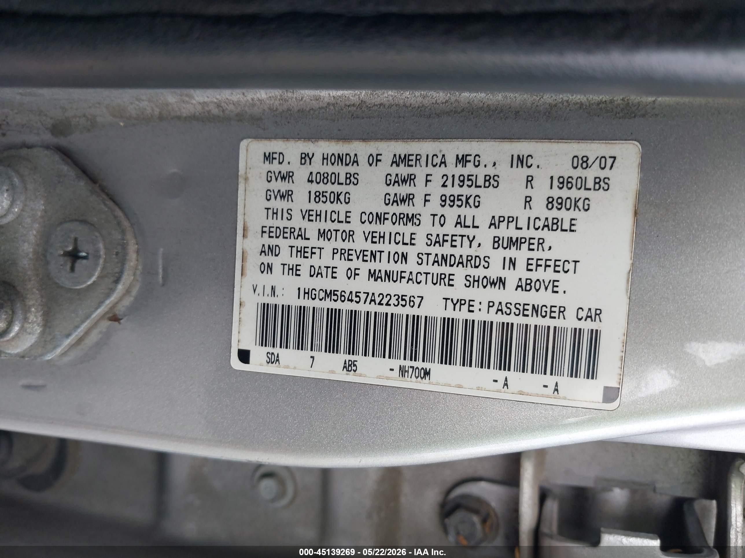 2007 Honda Accord 2.4 Lx Silver vin: 1HGCM56457A223567