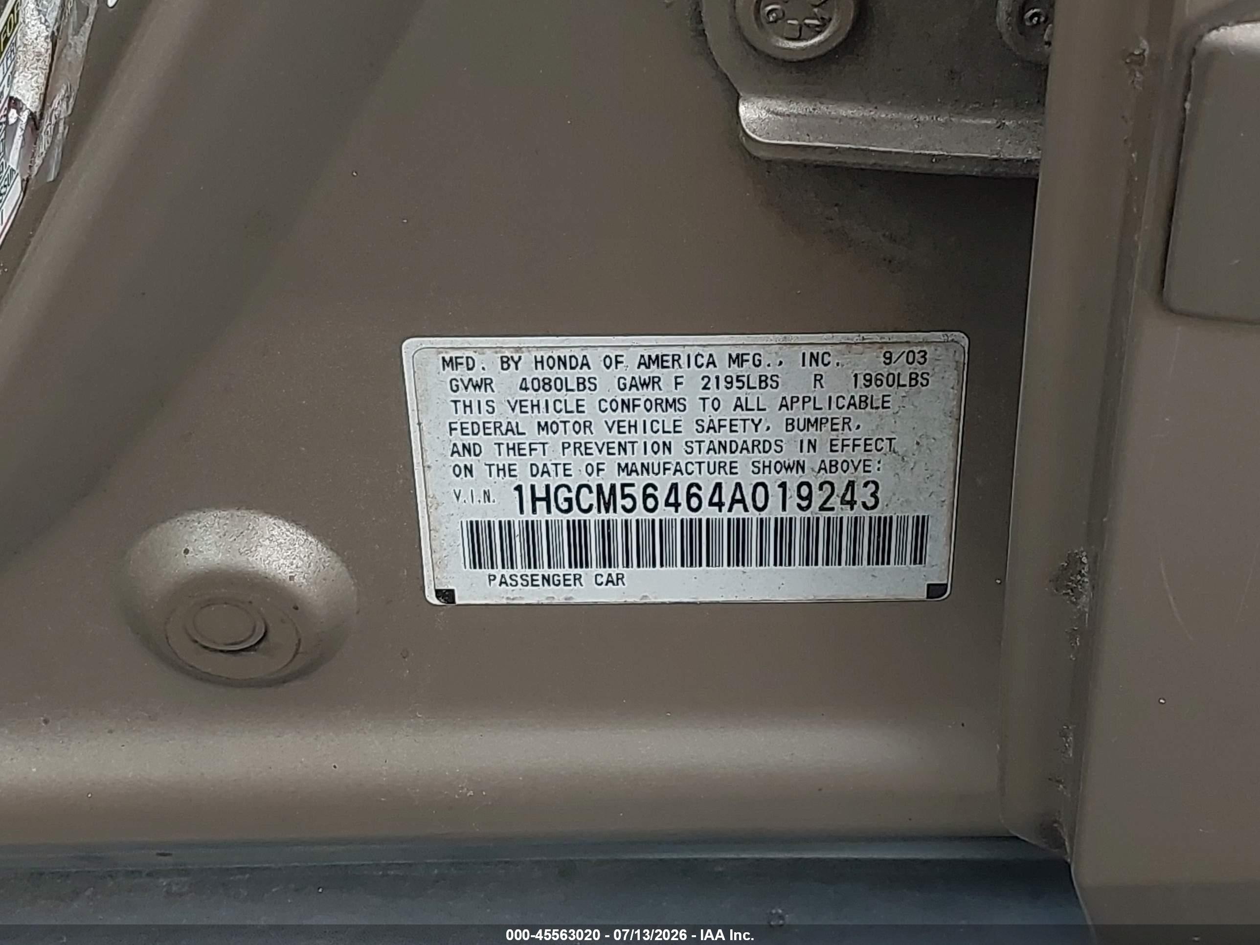 2004 Honda Accord 2.4 Lx Gold vin: 1HGCM56464A019243