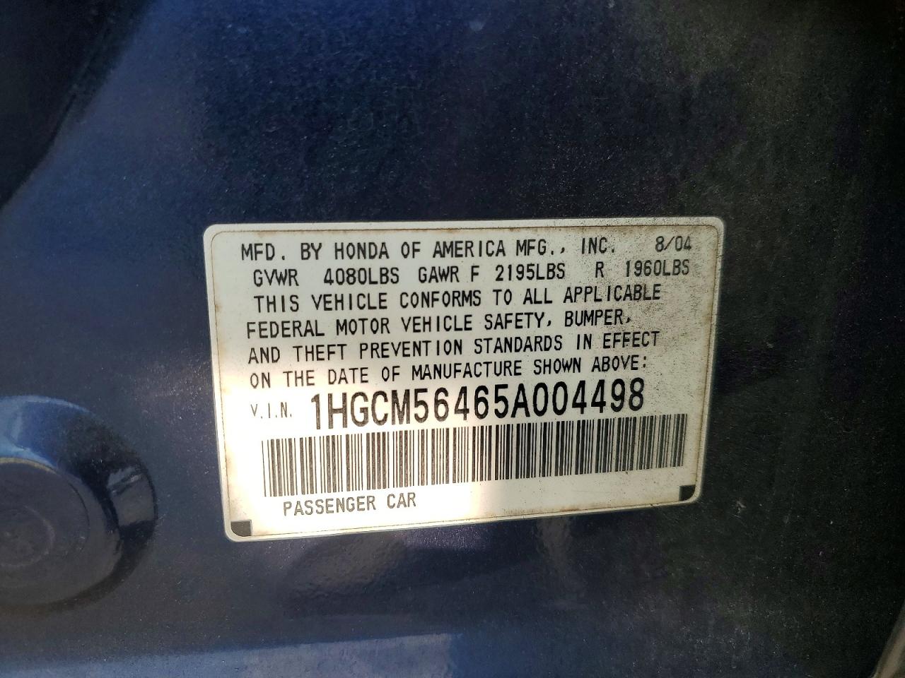 2005 Honda Accord Lx Blue vin: 1HGCM56465A004498