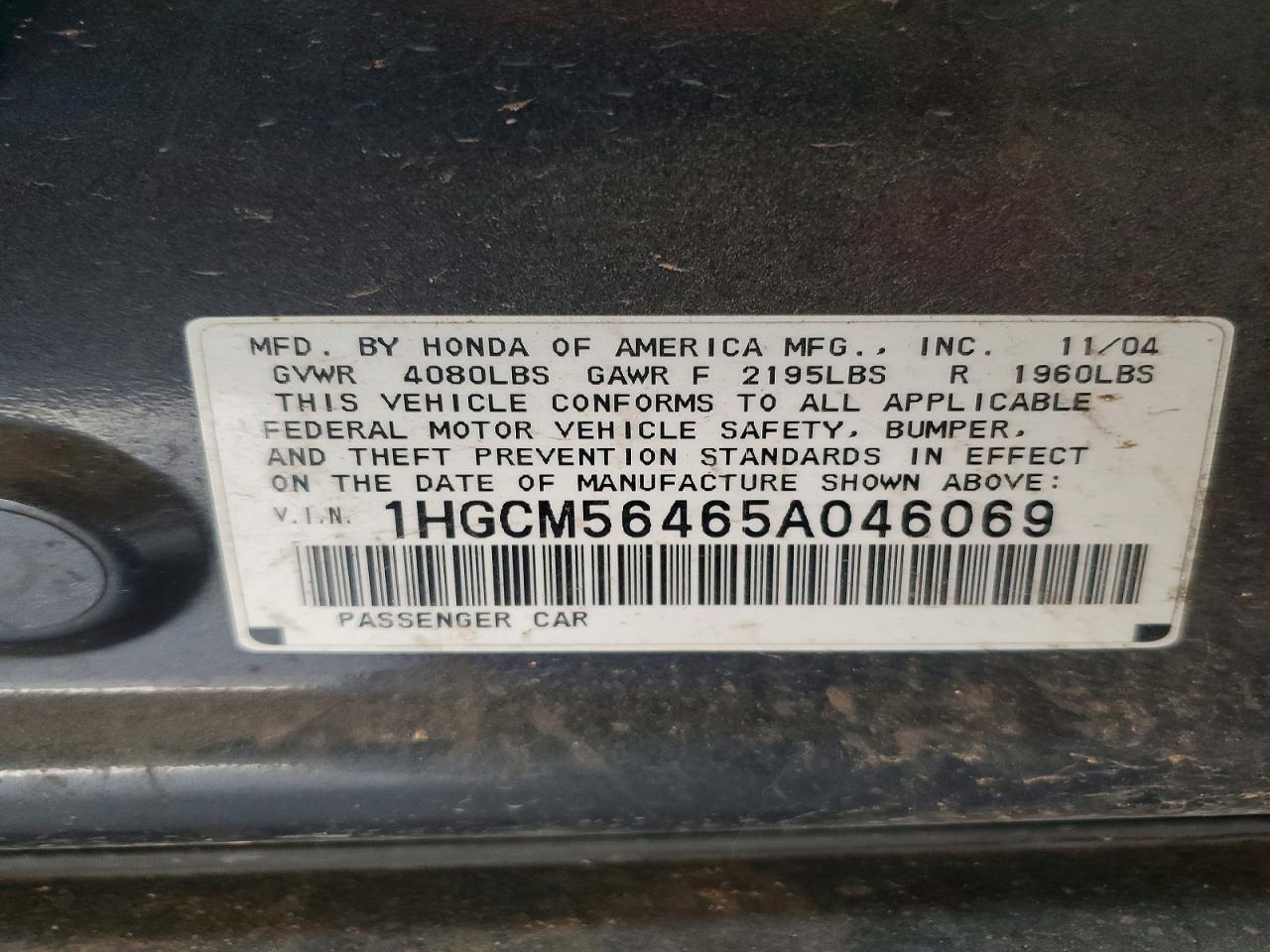 2005 Honda Accord Lx Gray vin: 1HGCM56465A046069