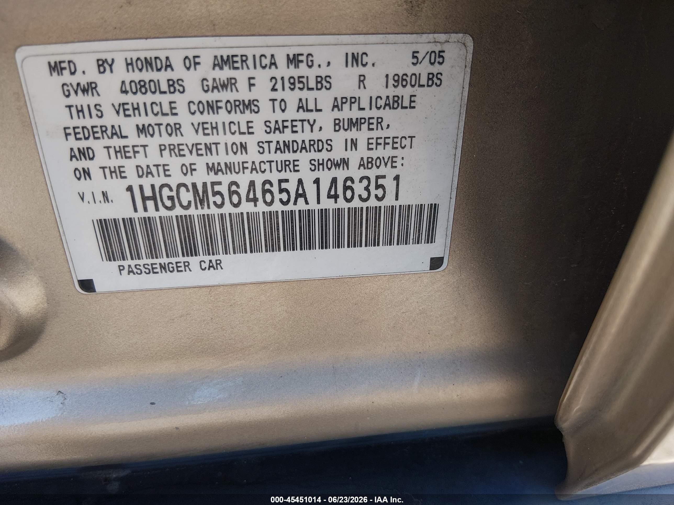2005 Honda Accord 2.4 Lx Gold vin: 1HGCM56465A146351