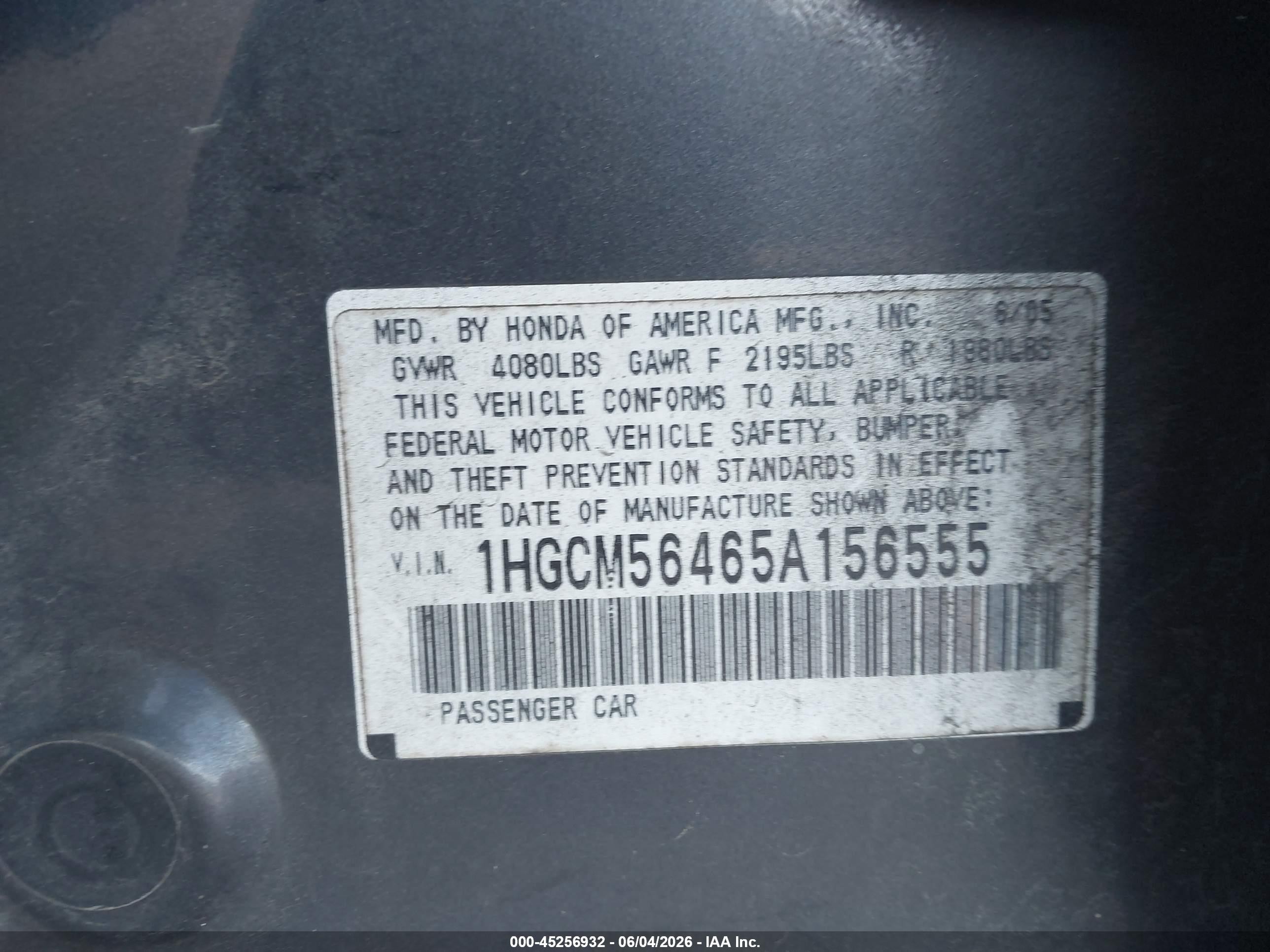 2005 Honda Accord 2.4 Lx Серый vin: 1HGCM56465A156555