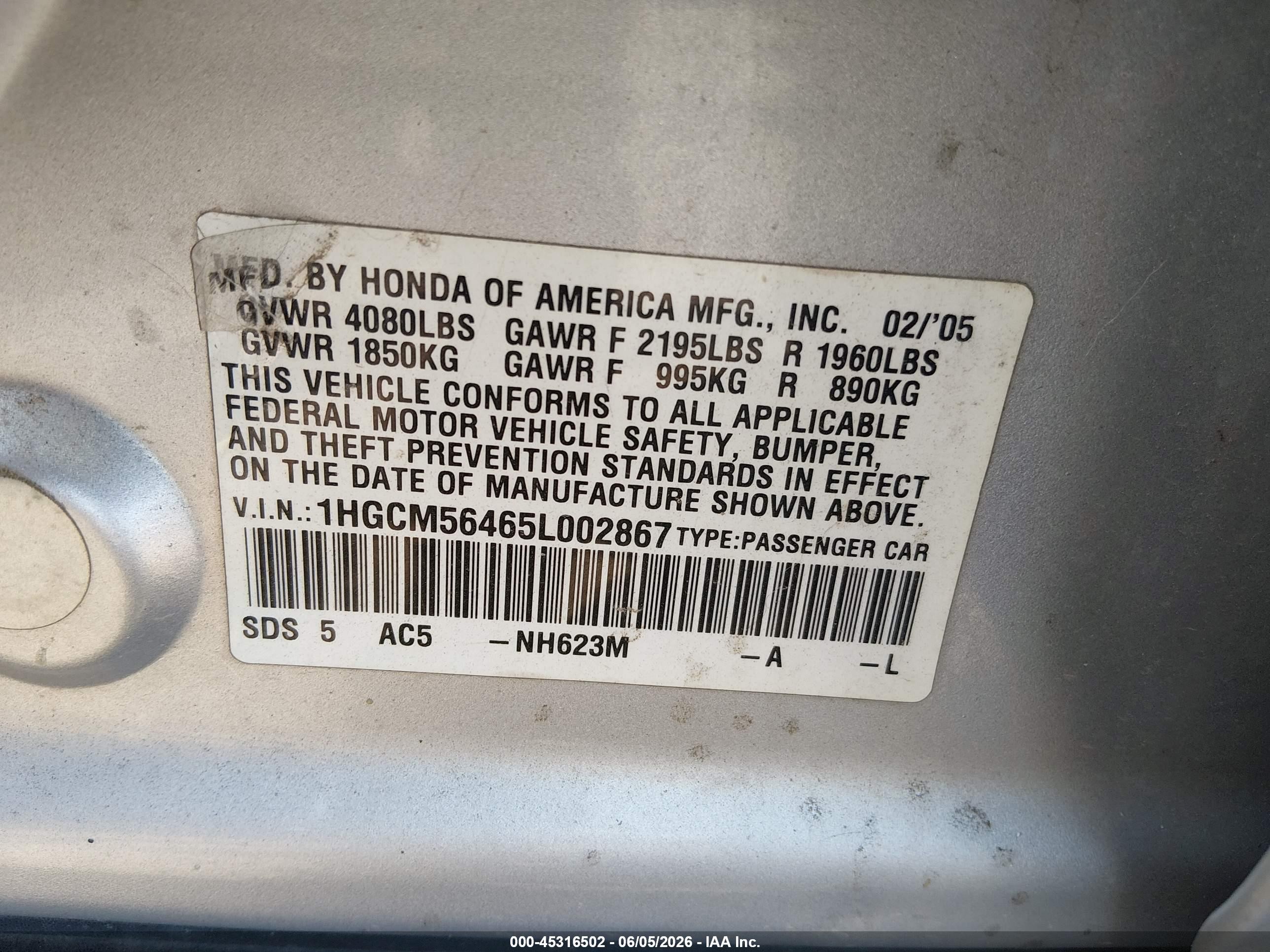 2005 Honda Accord 2.4 Lx Silver vin: 1HGCM56465L002867