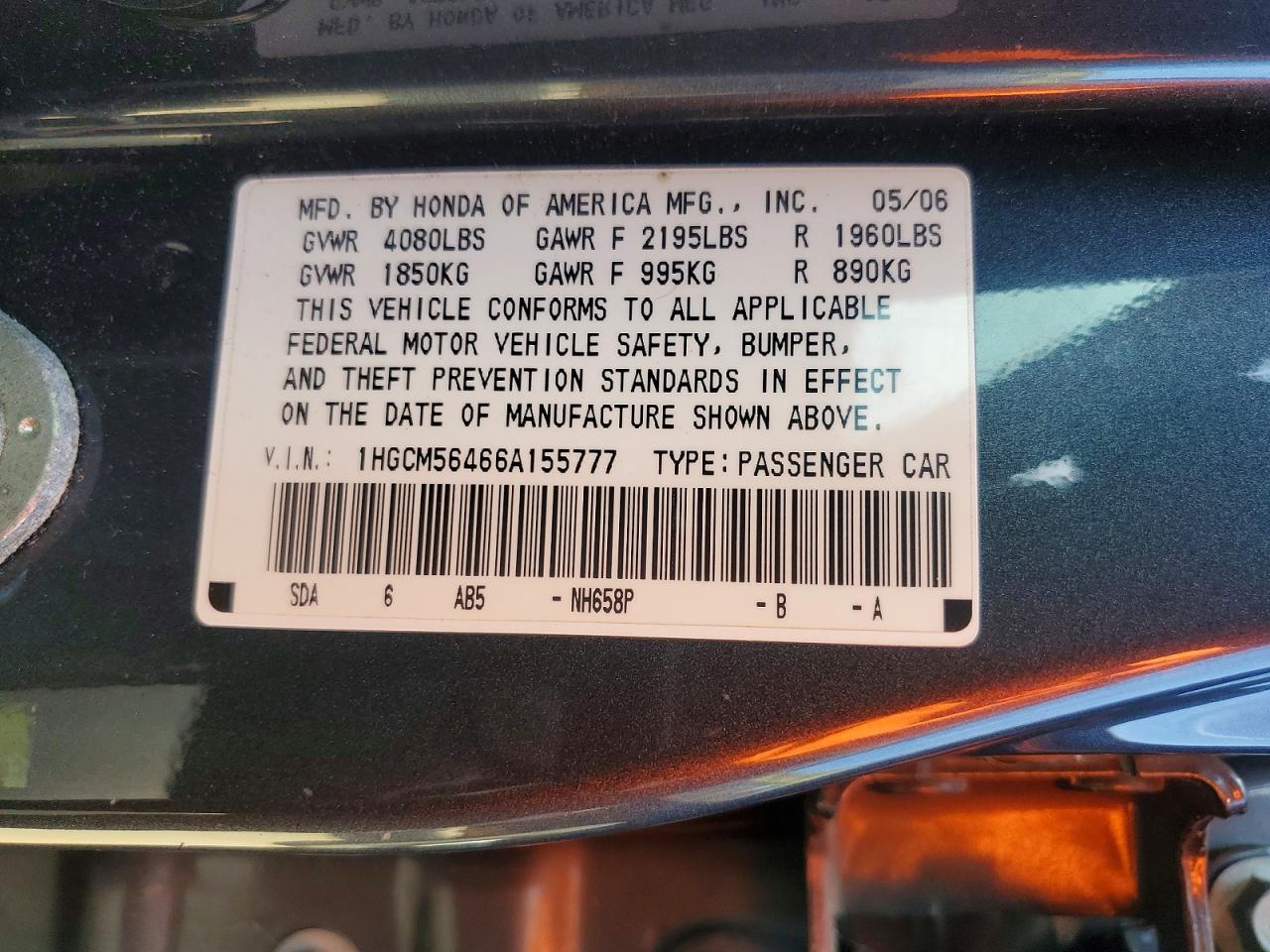 2006 Honda Accord Lx Gray vin: 1HGCM56466A155777