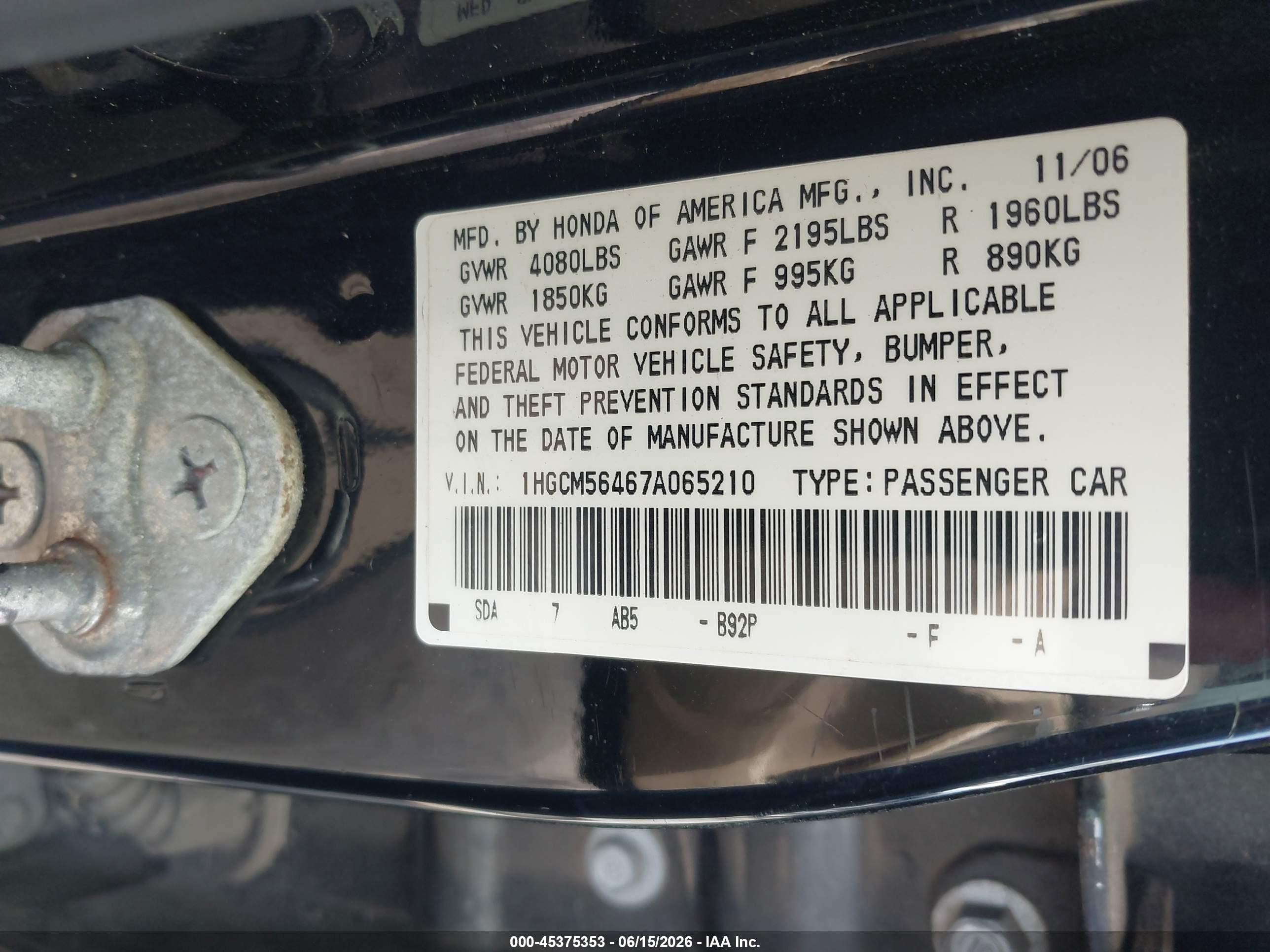 2007 Honda Accord 2.4 Lx Черный vin: 1HGCM56467A065210