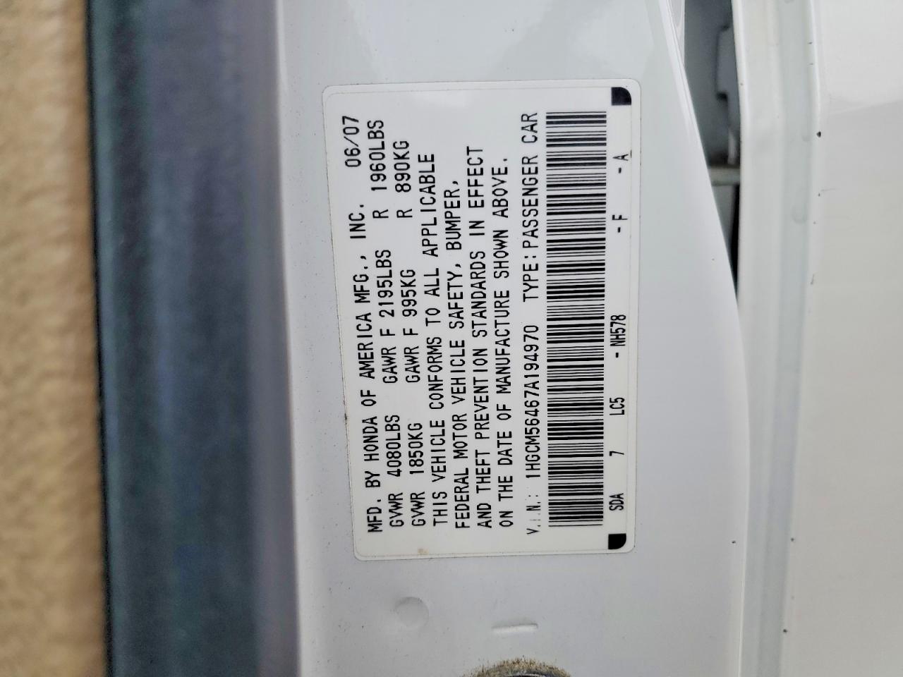 2007 Honda Accord Lx White vin: 1HGCM56467A194970