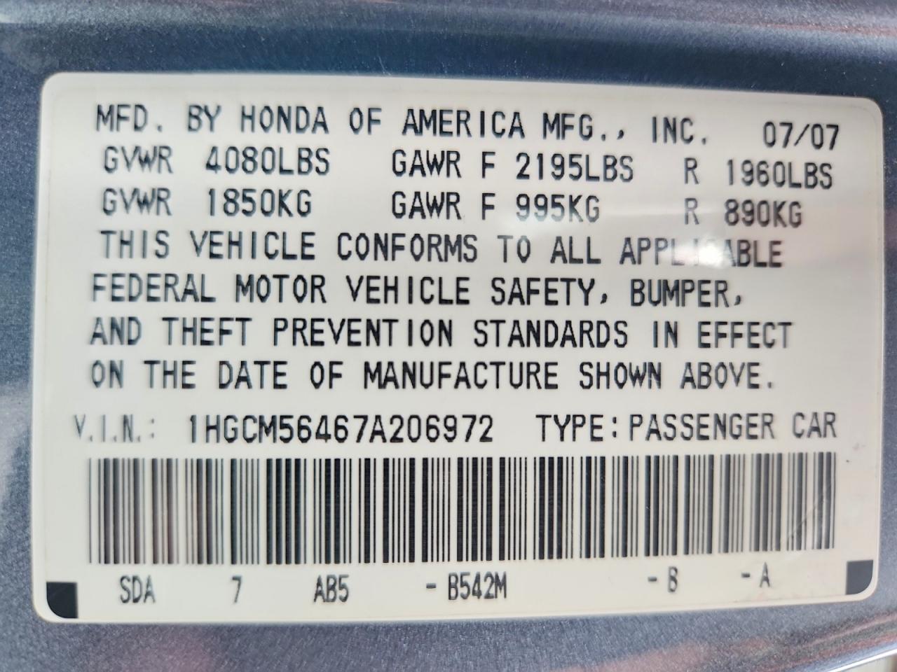 2007 Honda Accord Lx Blue vin: 1HGCM56467A206972