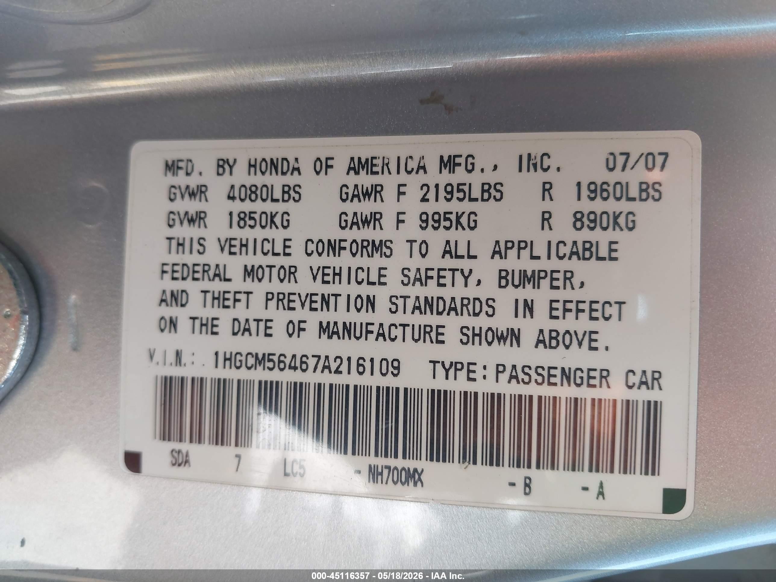 2007 Honda Accord 2.4 Lx Silver vin: 1HGCM56467A216109