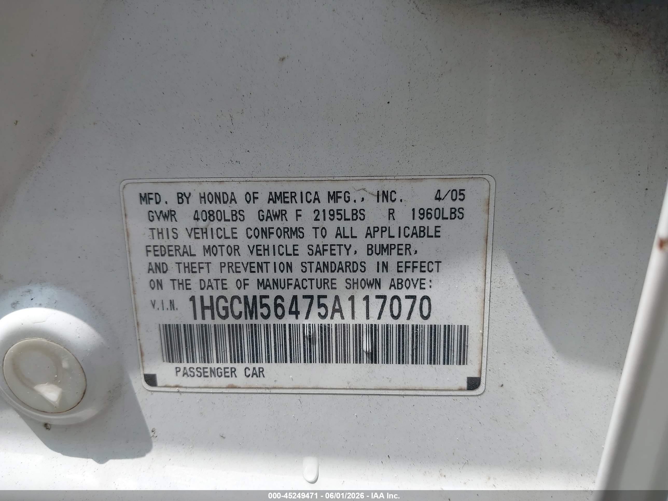 2005 Honda Accord 2.4 Lx White vin: 1HGCM56475A117070