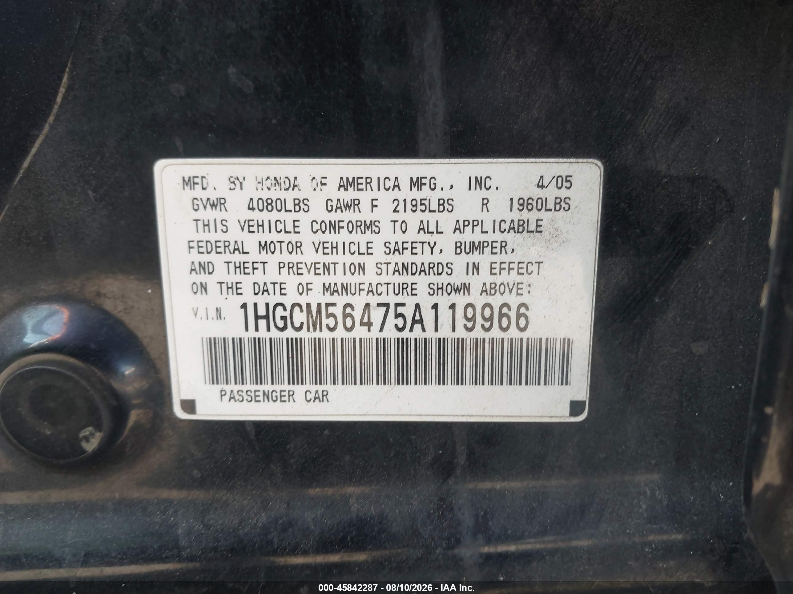 2005 Honda Accord 2.4 Lx Black vin: 1HGCM56475A119966