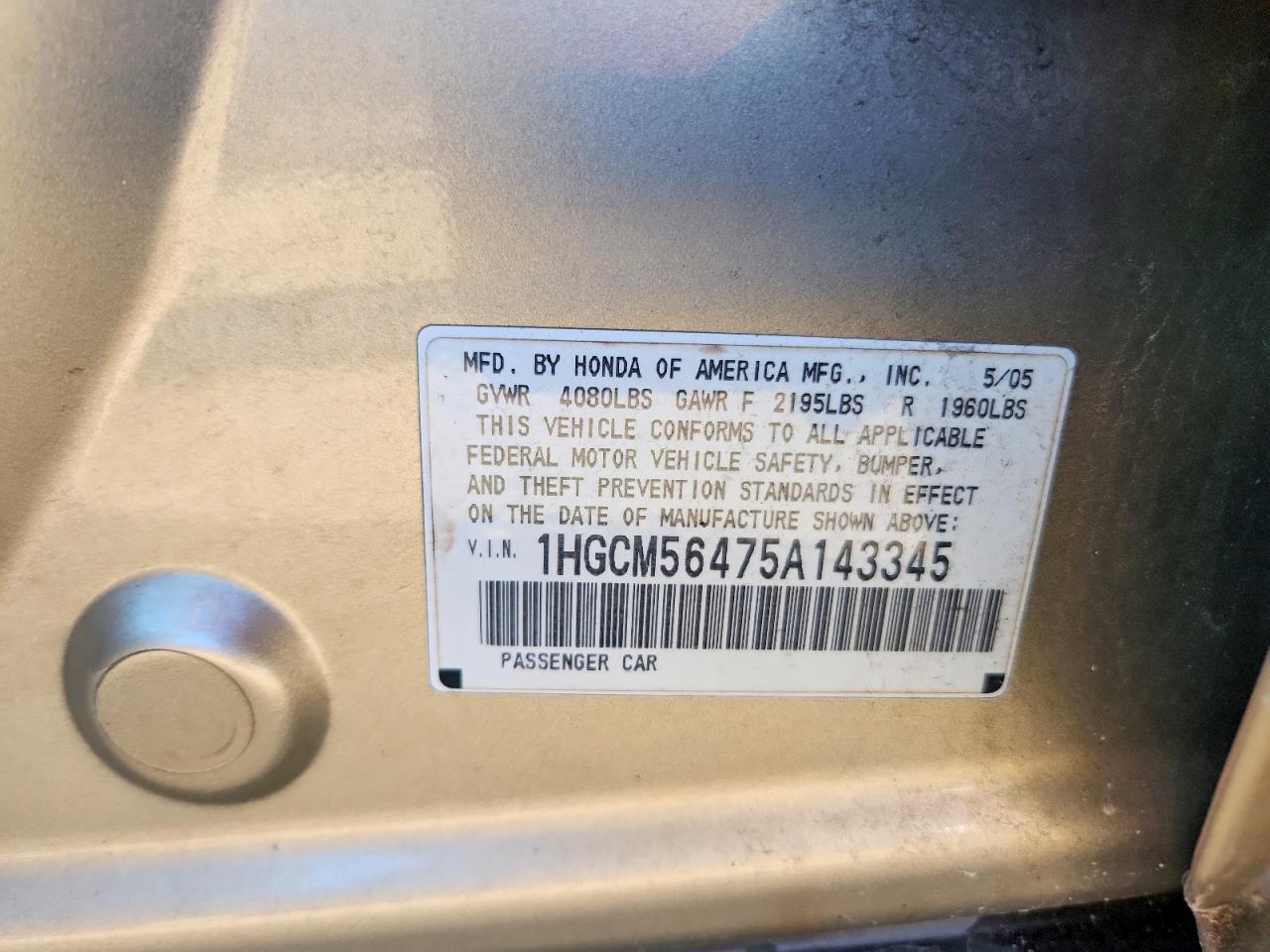 2005 Honda Accord Lx Beige vin: 1HGCM56475A143345