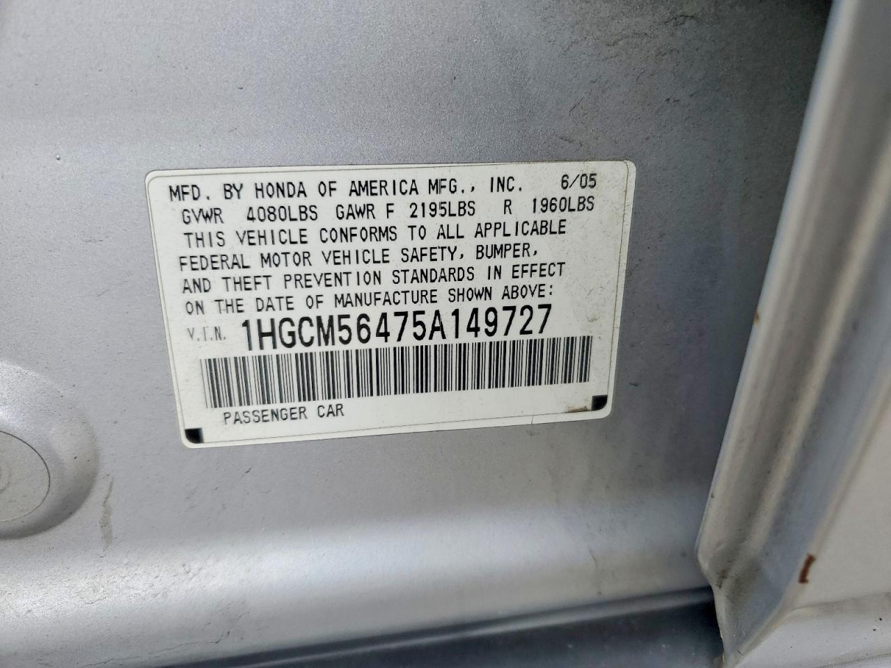 2005 Honda Accord Lx Gray vin: 1HGCM56475A149727
