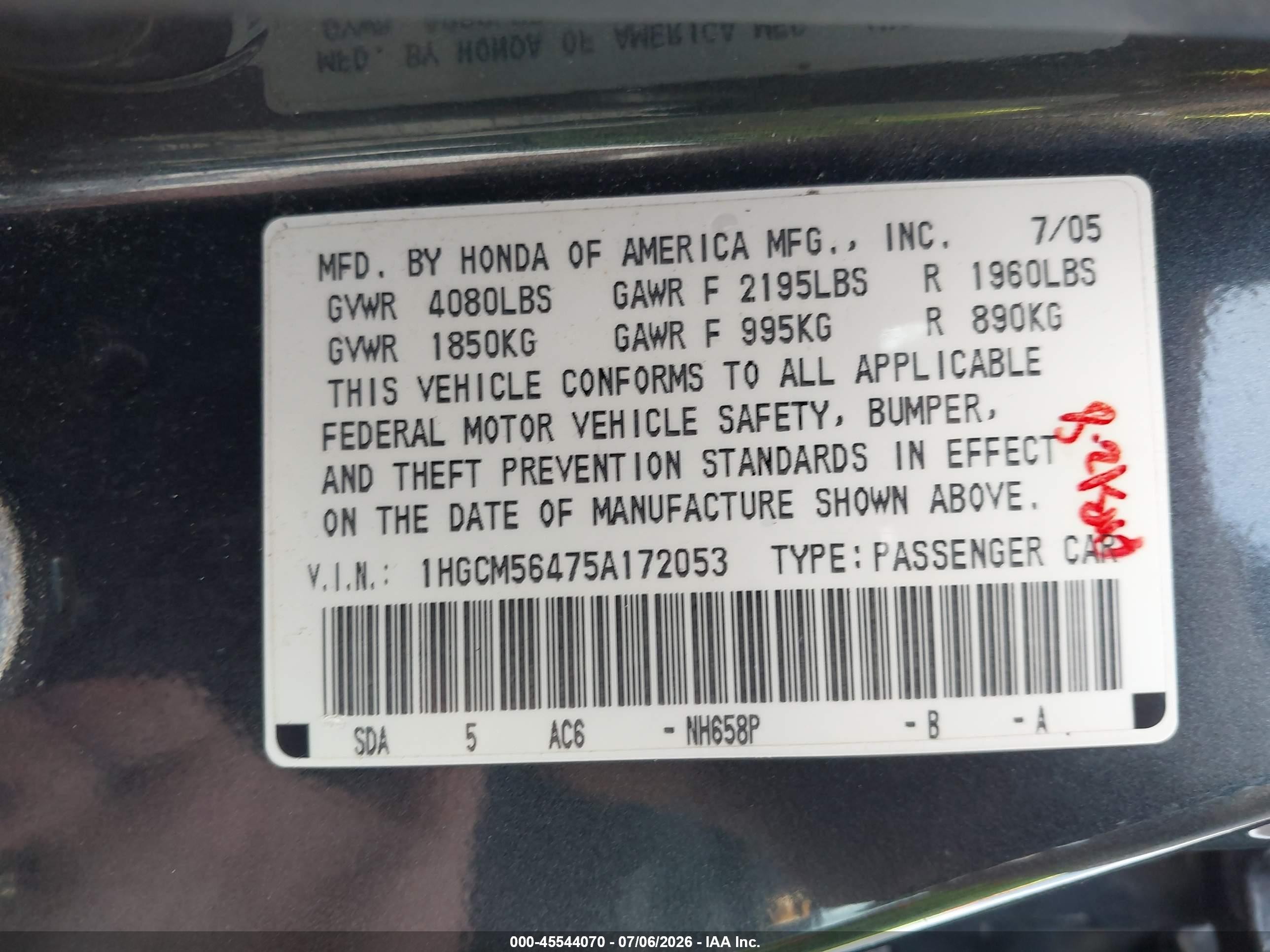 2005 Honda Accord 2.4 Lx Gray vin: 1HGCM56475A172053