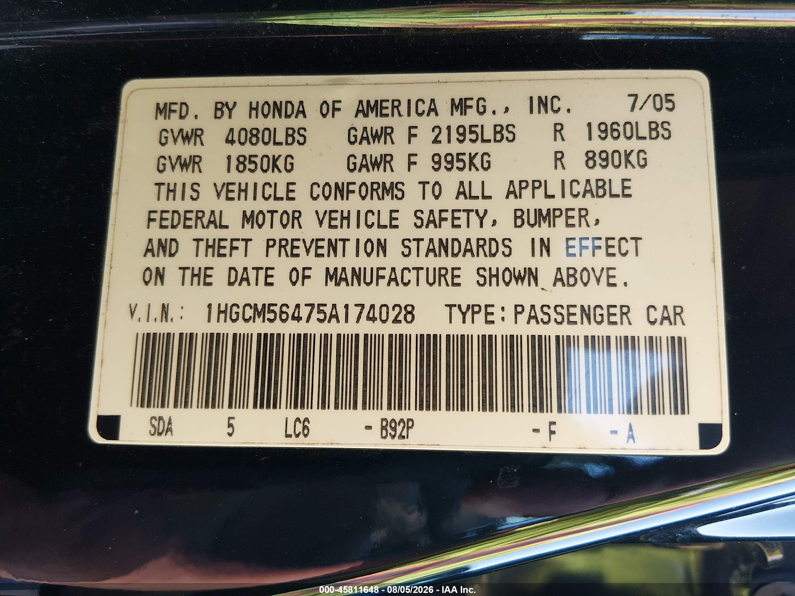2005 Honda Accord 2.4 Lx Черный vin: 1HGCM56475A174028