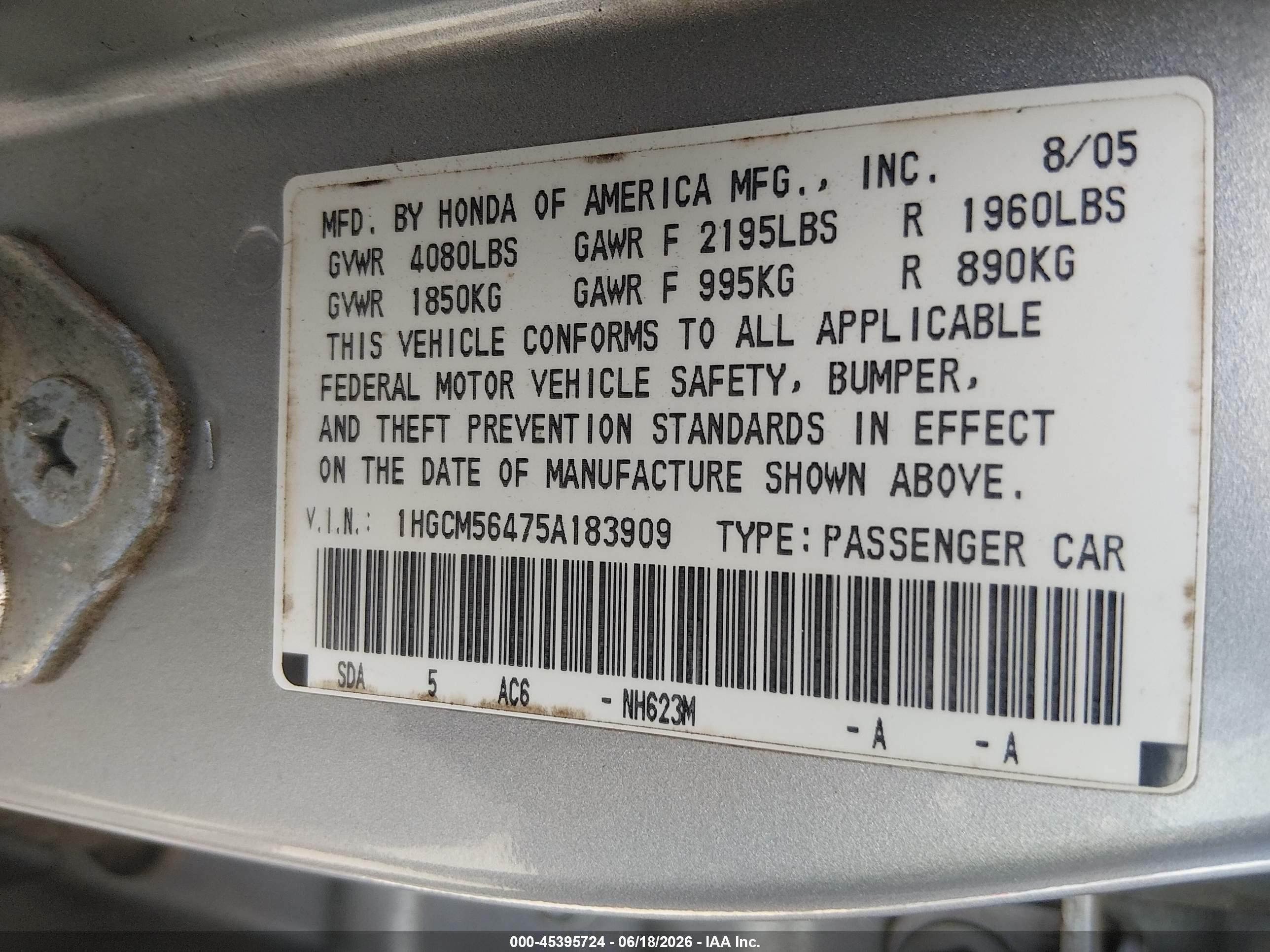 2005 Honda Accord 2.4 Lx Silver vin: 1HGCM56475A183909
