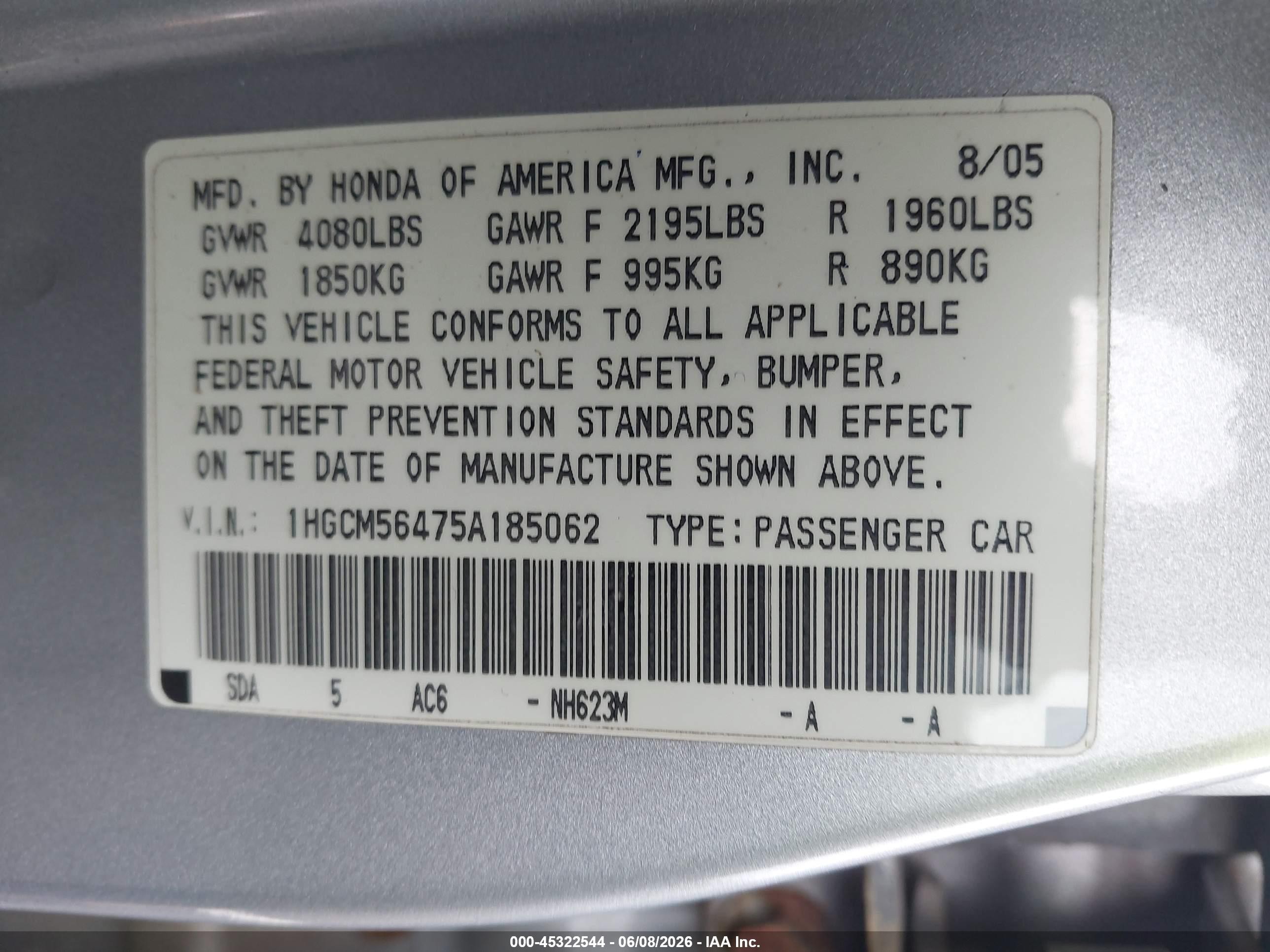 2005 Honda Accord 2.4 Lx Silver vin: 1HGCM56475A185062