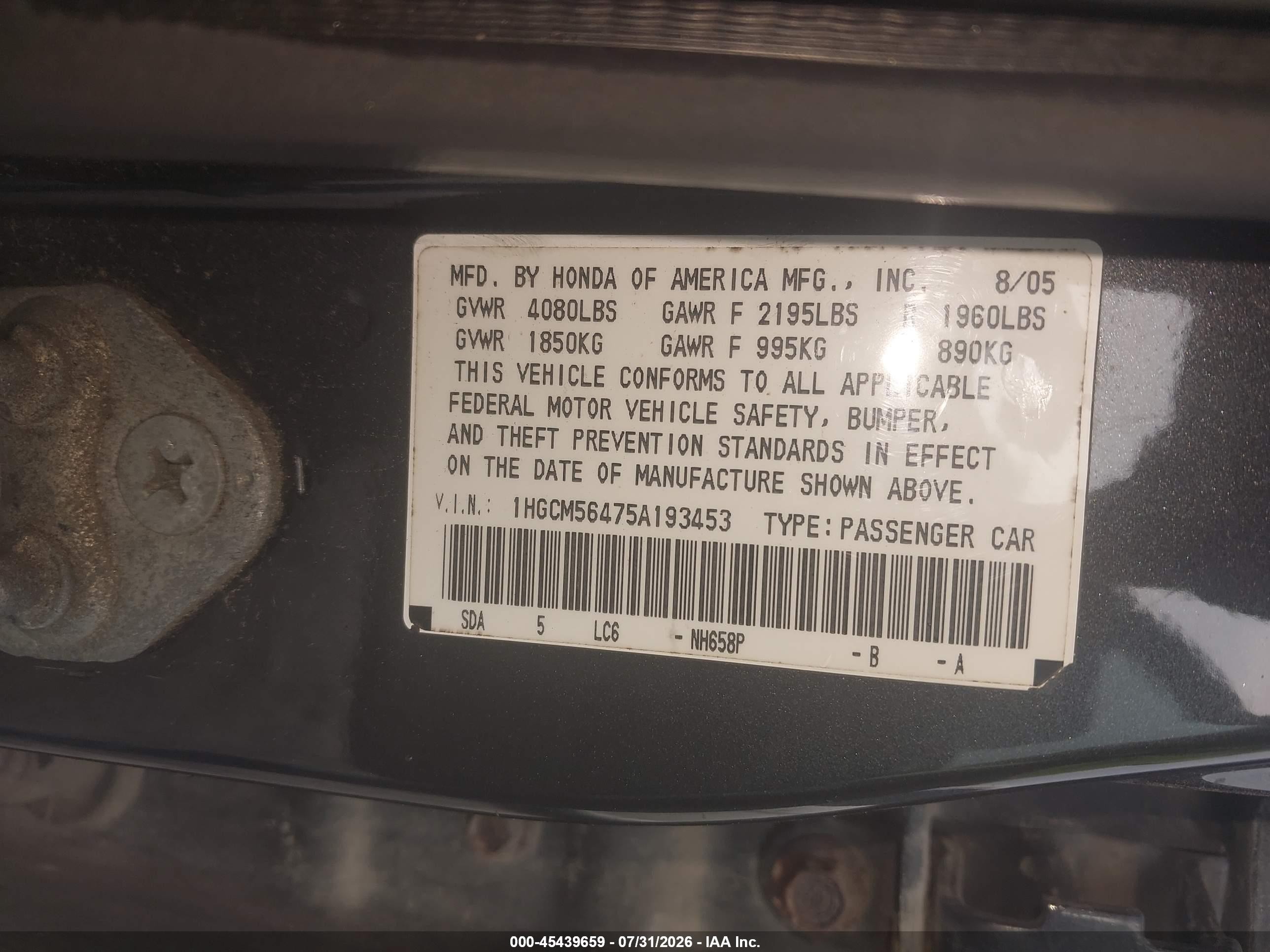 2005 Honda Accord 2.4 Lx Gray vin: 1HGCM56475A193453