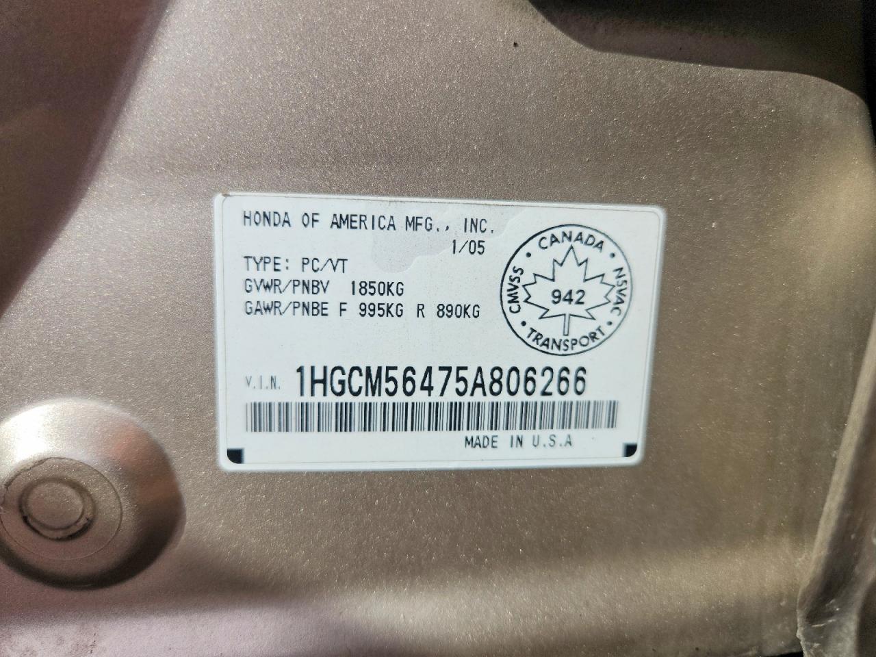 2005 Honda Accord Lx Beige vin: 1HGCM56475A806266