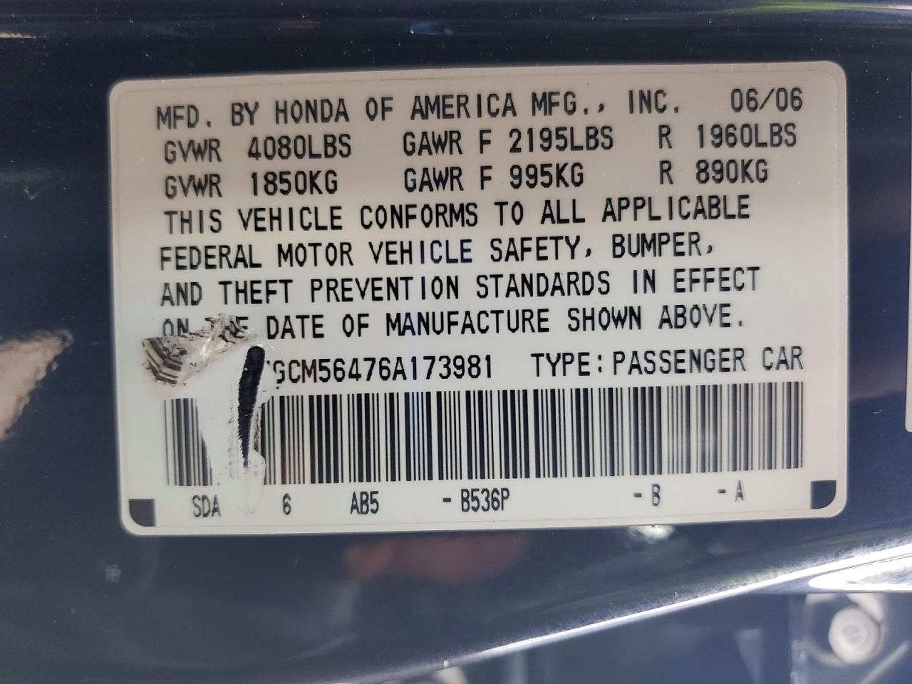 2006 Honda Accord Lx Blue vin: 1HGCM56476A173981