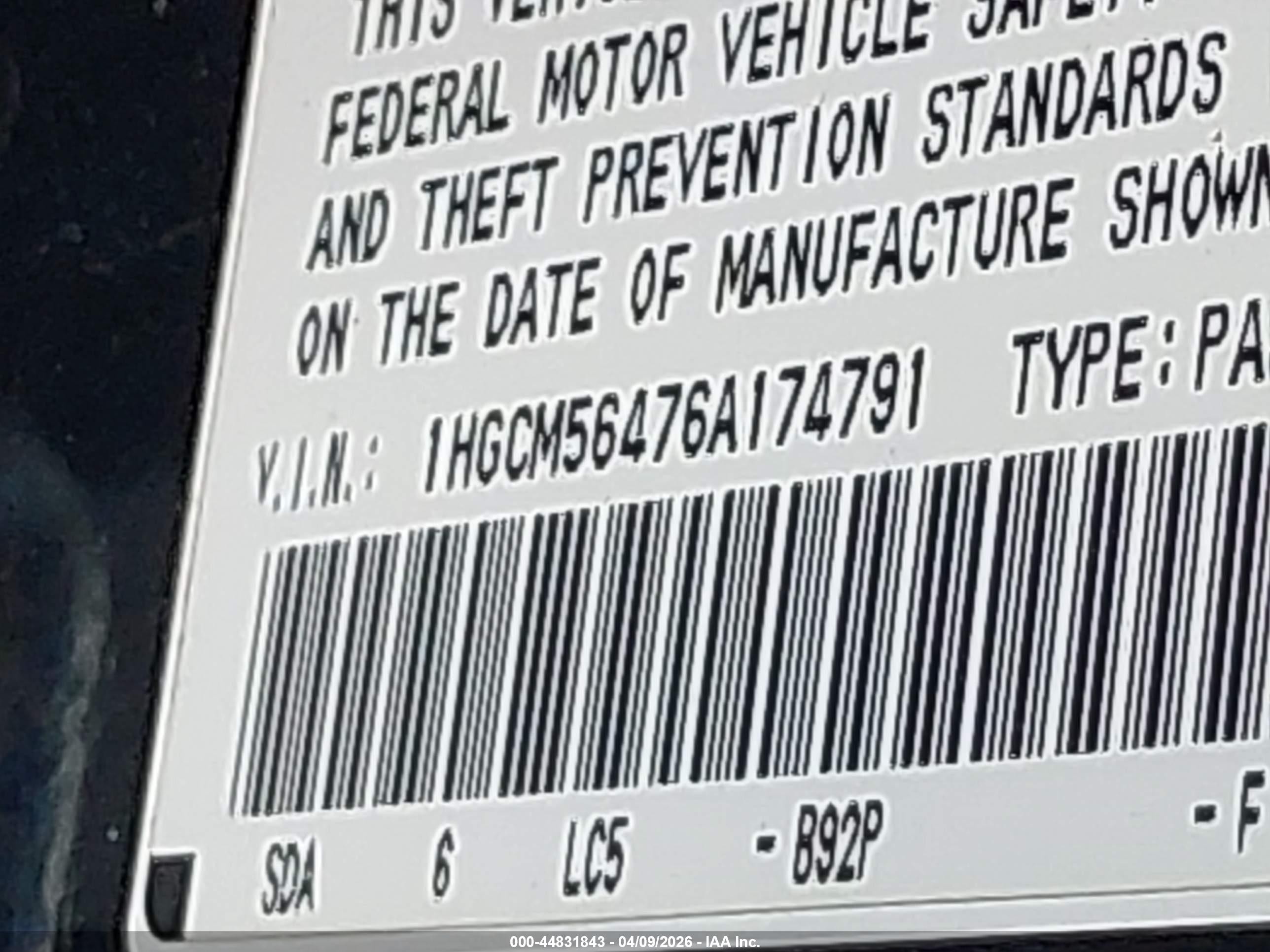 2006 Honda Accord 2.4 Lx Черный vin: 1HGCM56476A174791