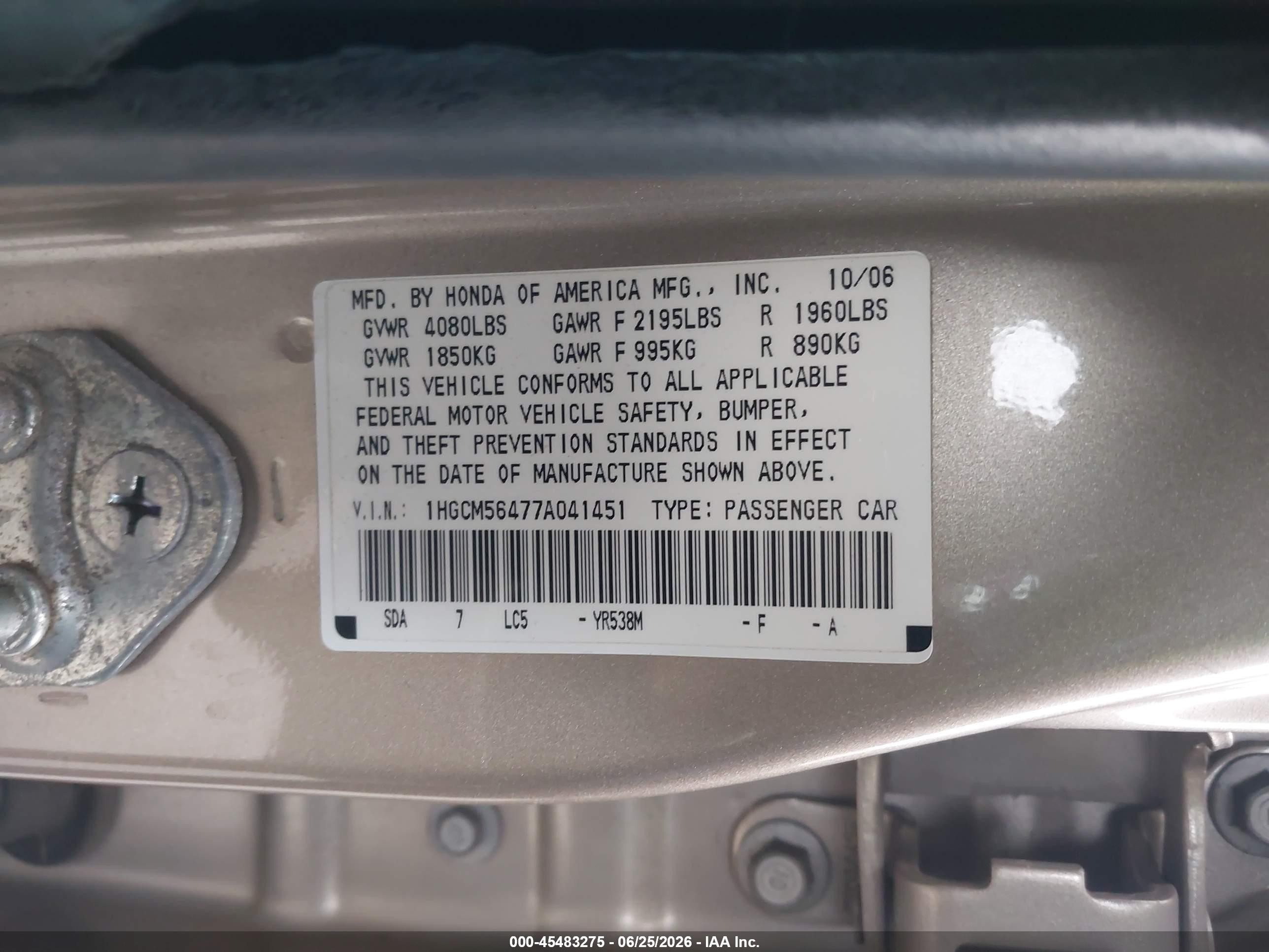 2007 Honda Accord 2.4 Lx Gold vin: 1HGCM56477A041451