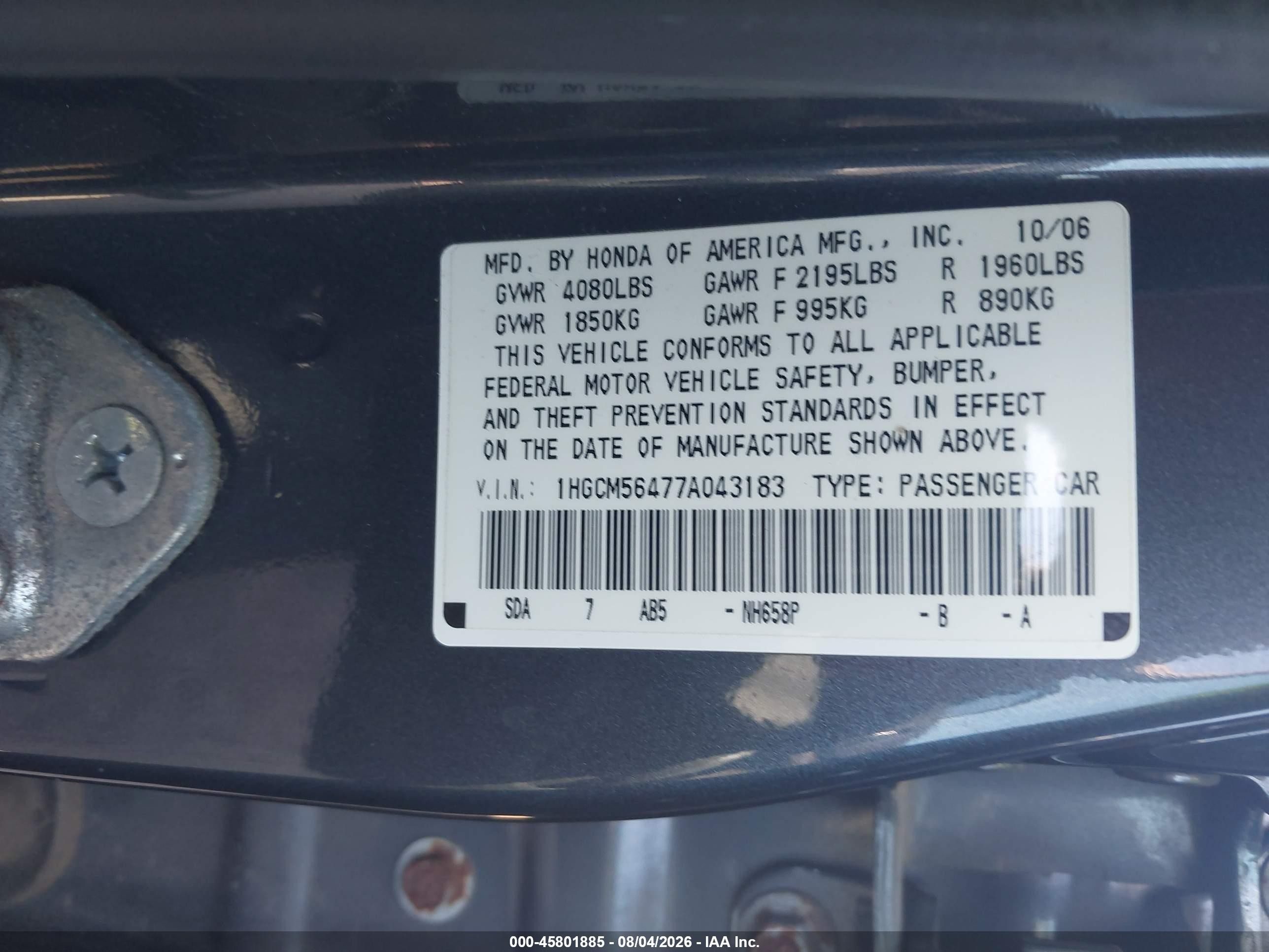 2007 Honda Accord 2.4 Lx Gray vin: 1HGCM56477A043183