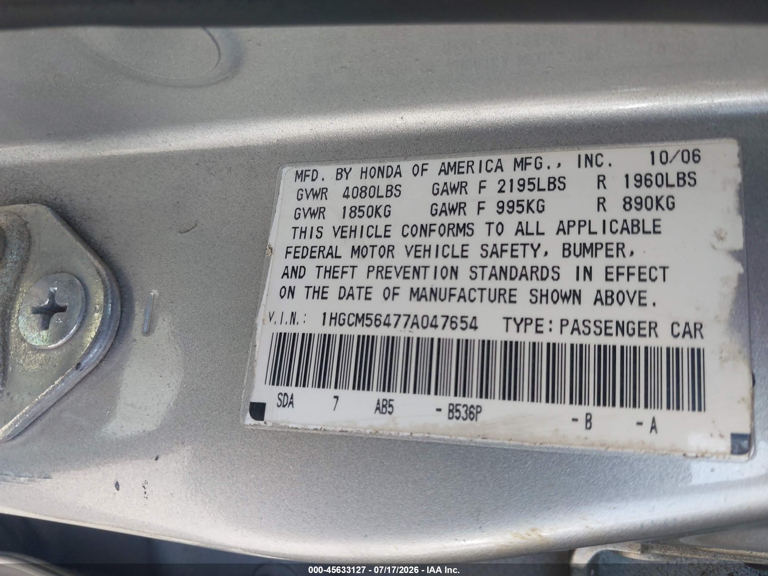 2007 Honda Accord 2.4 Lx Серебряный vin: 1HGCM56477A047654