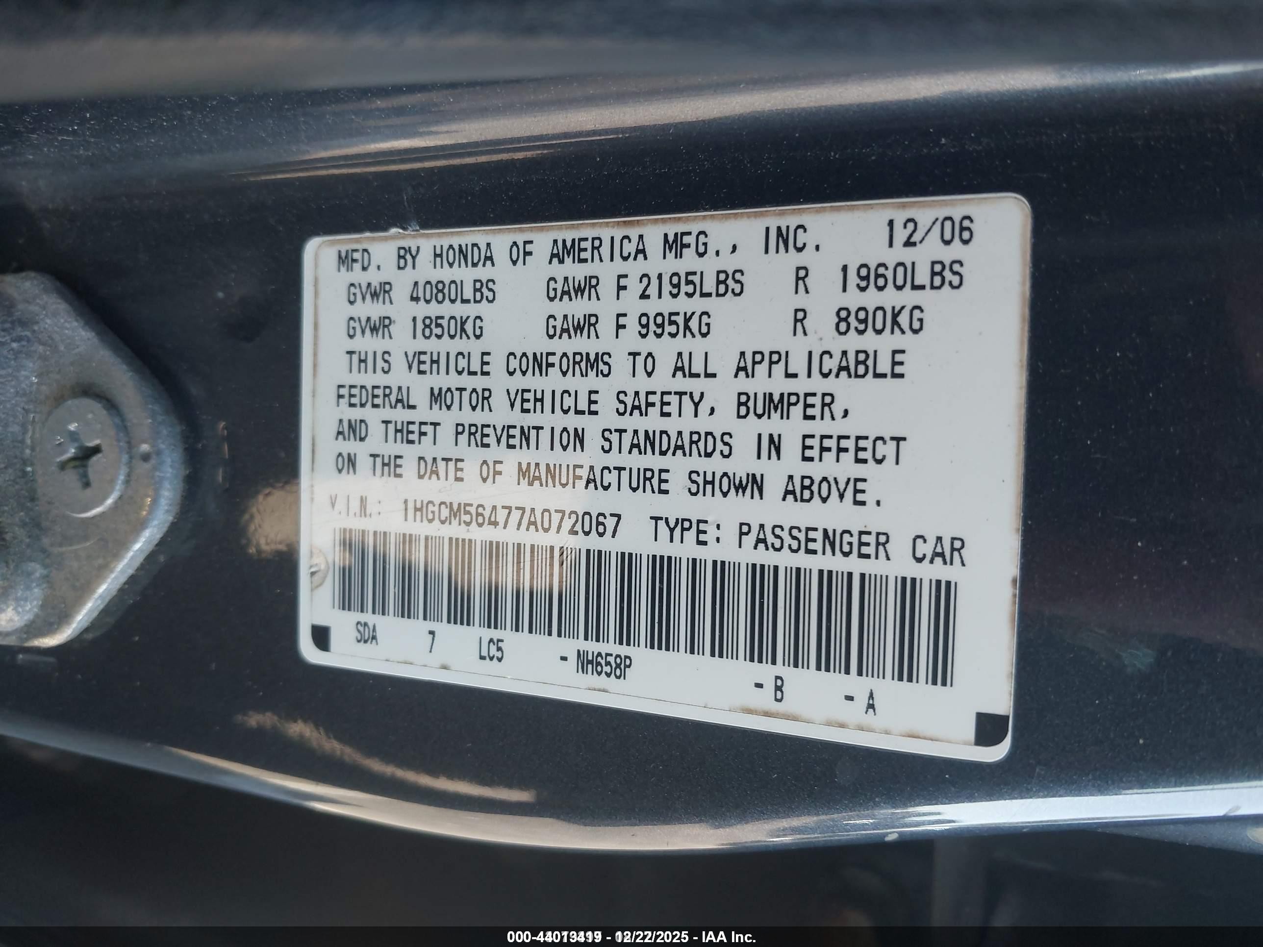 2007 Honda Accord 2.4 Lx Gray vin: 1HGCM56477A072067