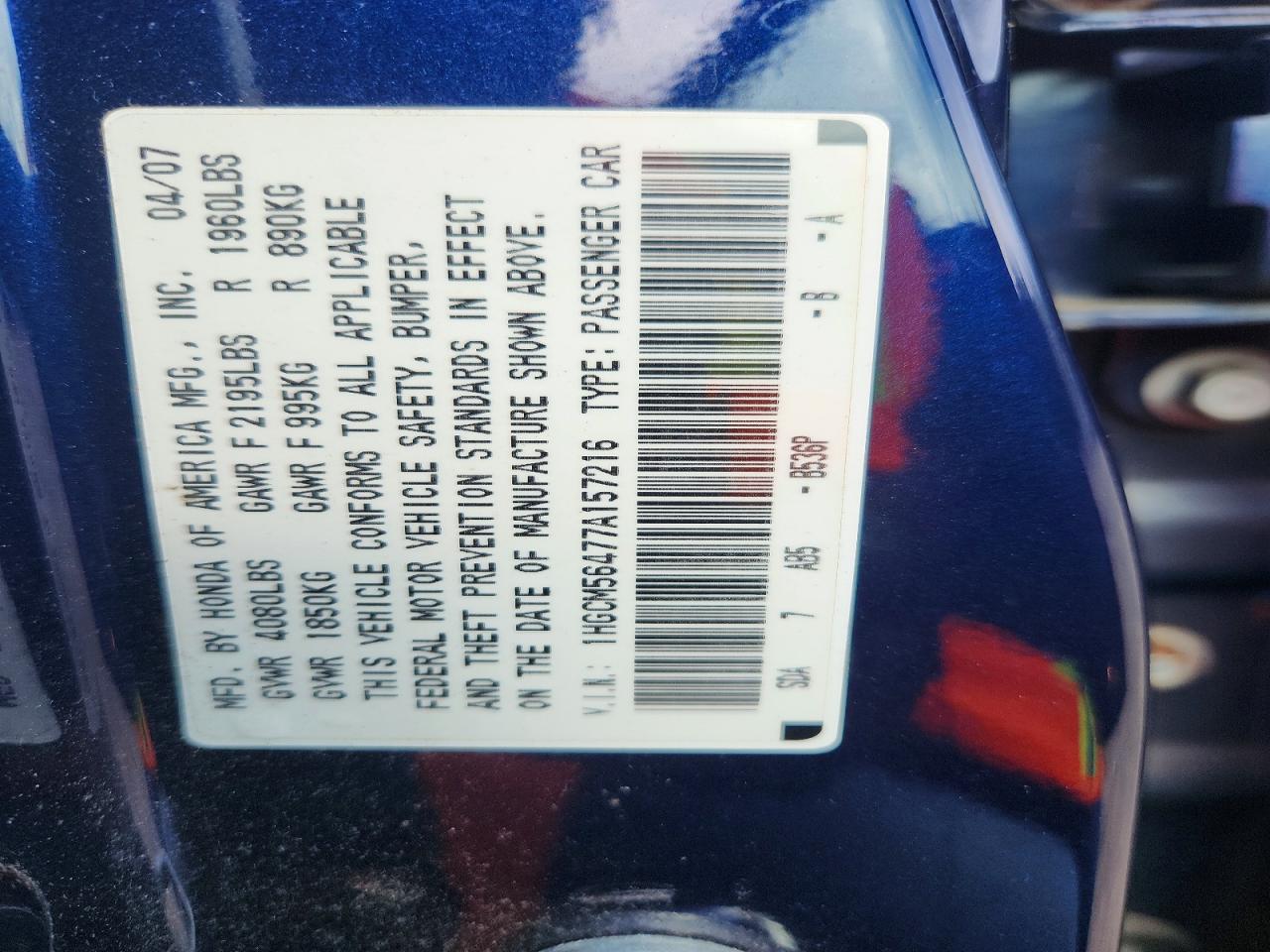 2007 Honda Accord Lx Blue vin: 1HGCM56477A157216