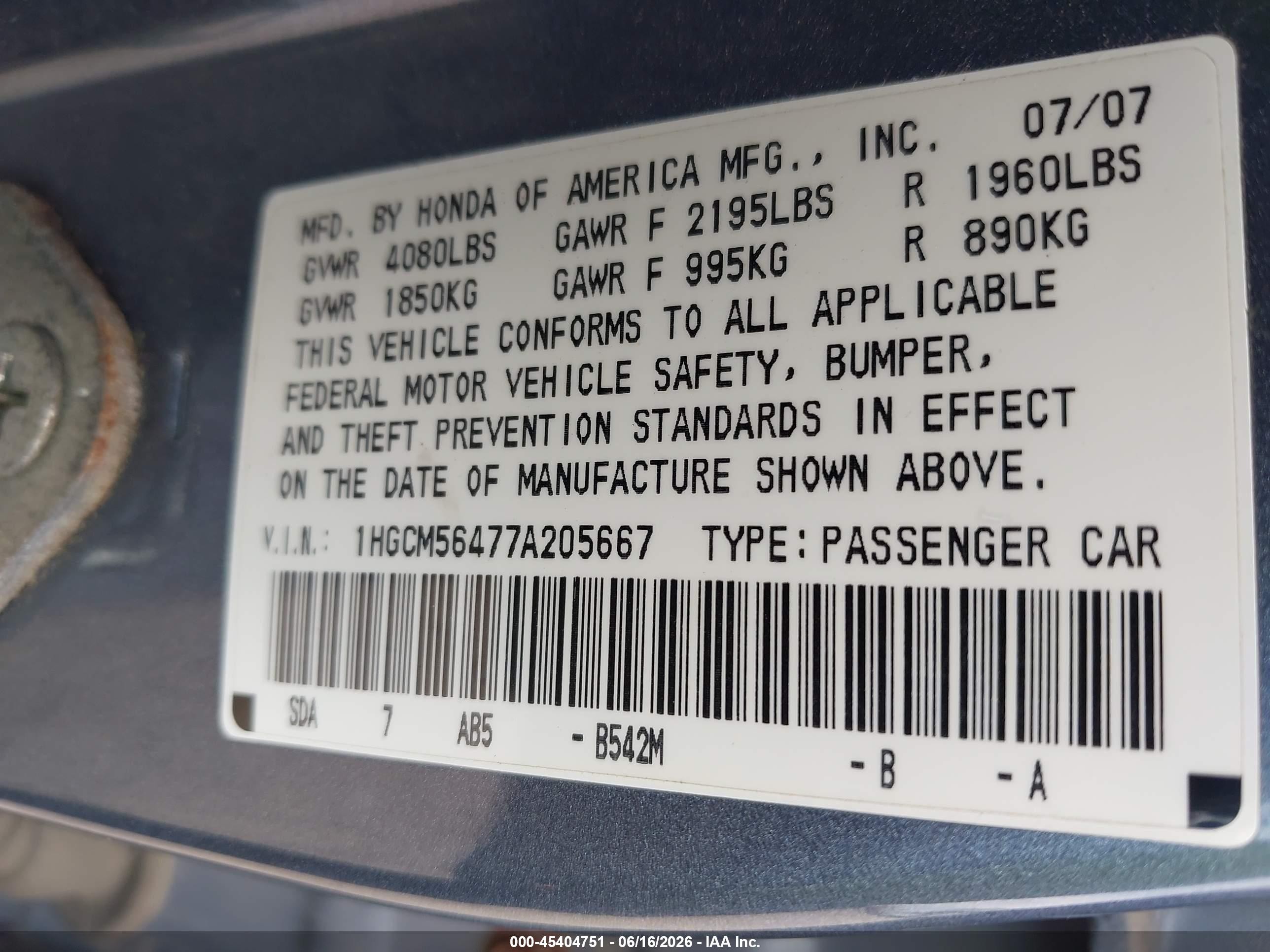 2007 Honda Accord 2.4 Lx Blue vin: 1HGCM56477A205667
