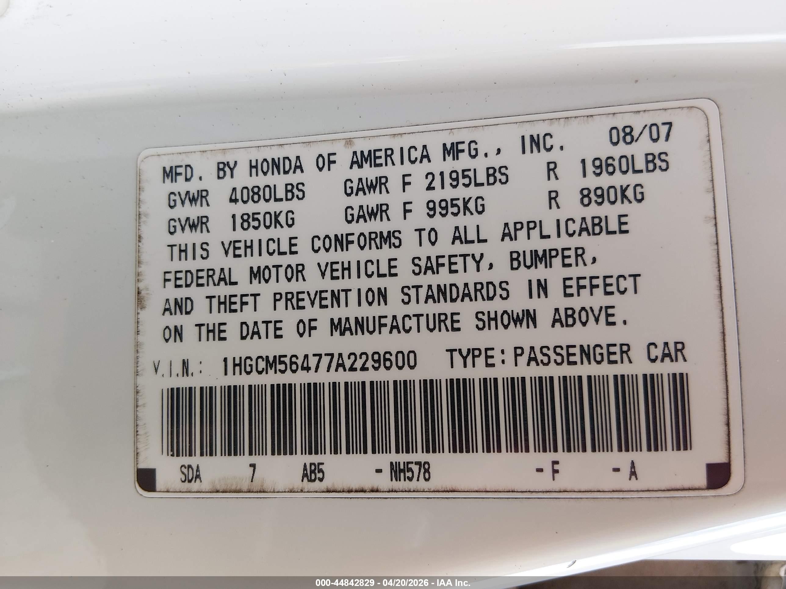 2007 Honda Accord 2.4 Lx Белый vin: 1HGCM56477A229600