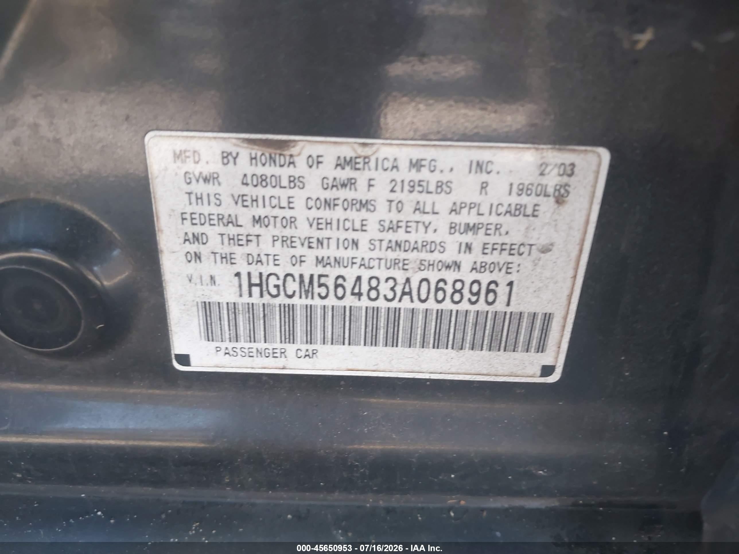 2003 Honda Accord 2.4 Lx Черный vin: 1HGCM56483A068961