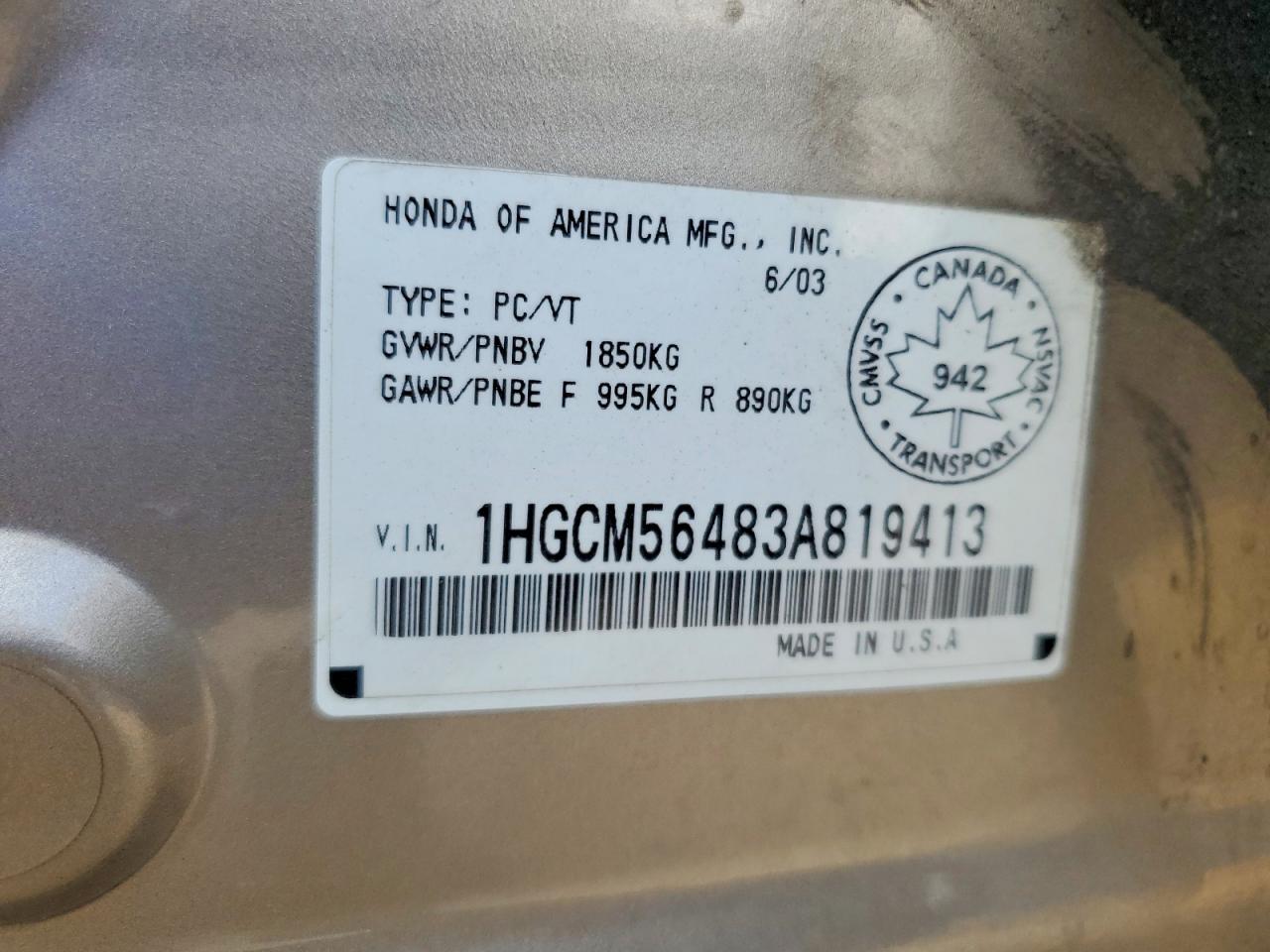 2003 Honda Accord Lx Cream vin: 1HGCM56483A819413