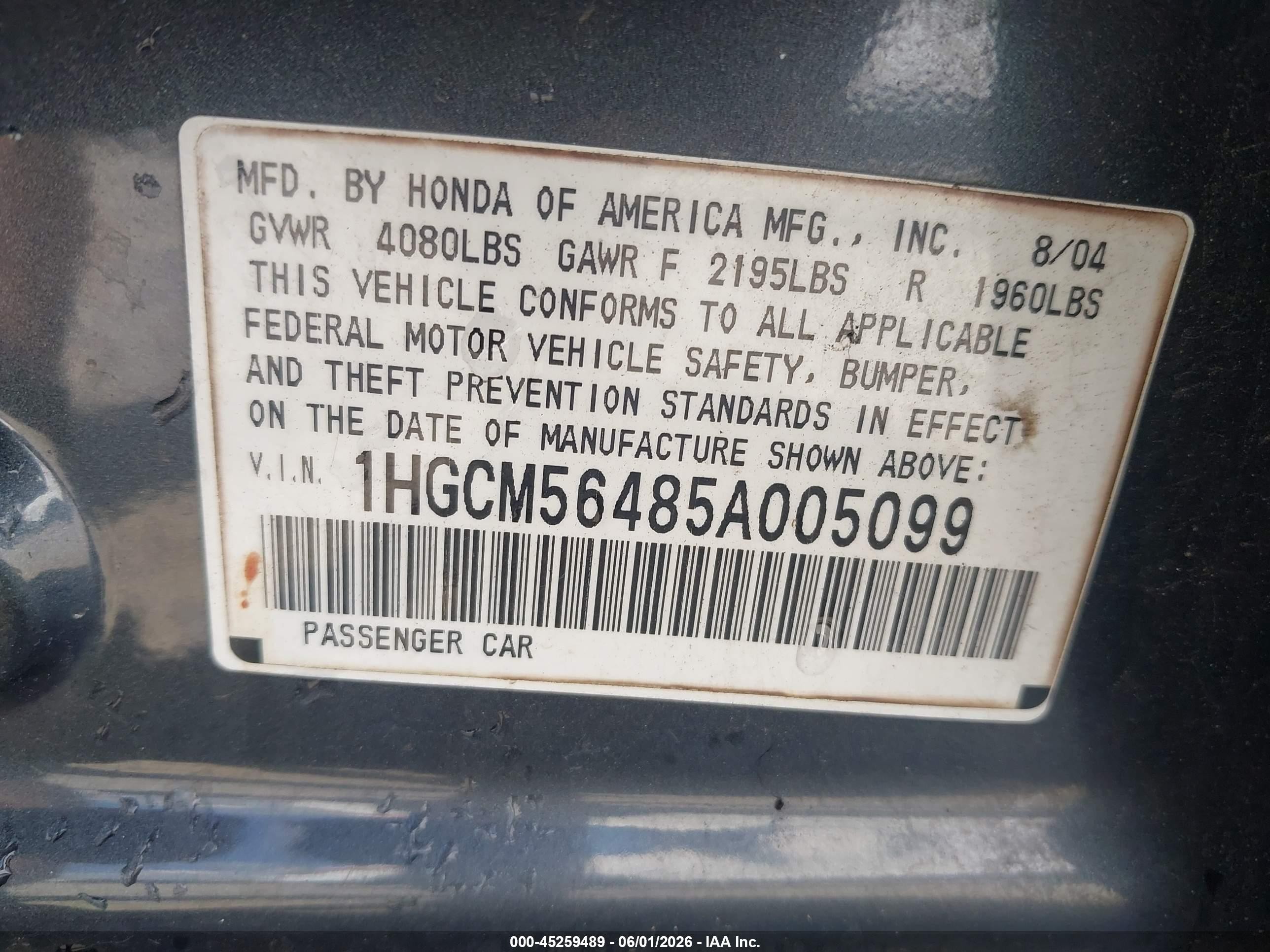 2005 Honda Accord 2.4 Lx Gray vin: 1HGCM56485A005099