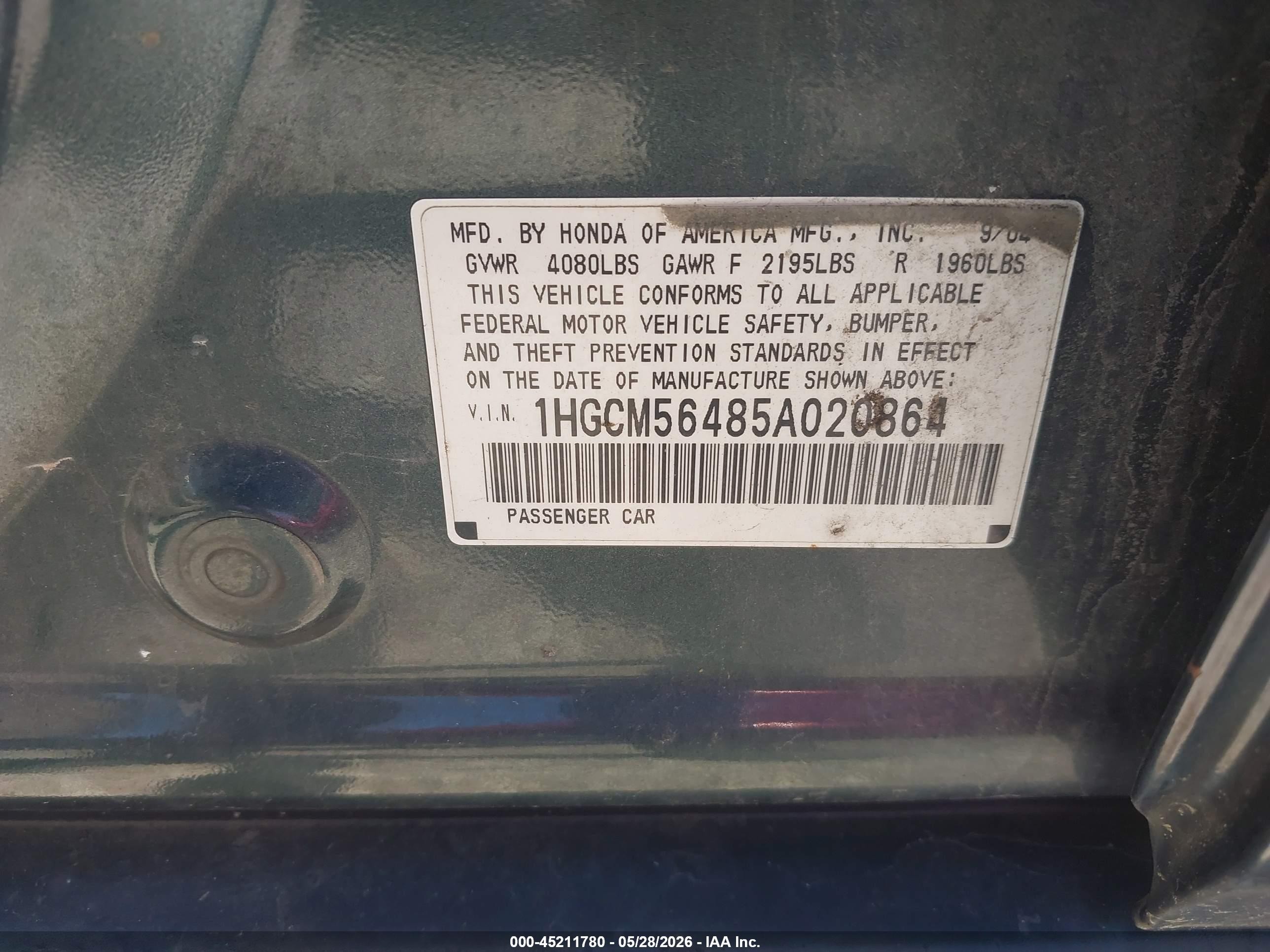 2005 Honda Accord 2.4 Lx Бирюзовый vin: 1HGCM56485A020864
