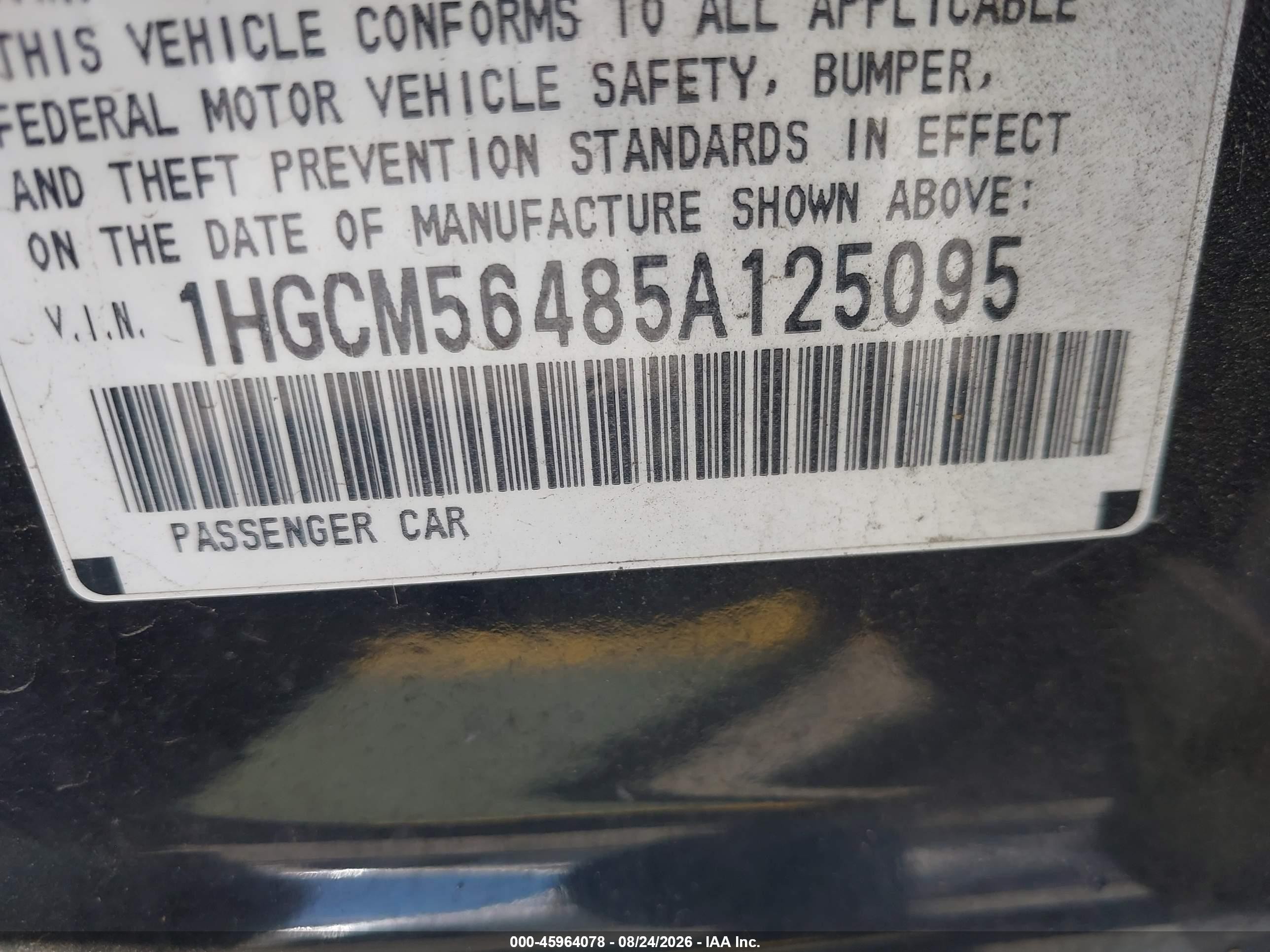 2005 Honda Accord 2.4 Lx Black vin: 1HGCM56485A125095