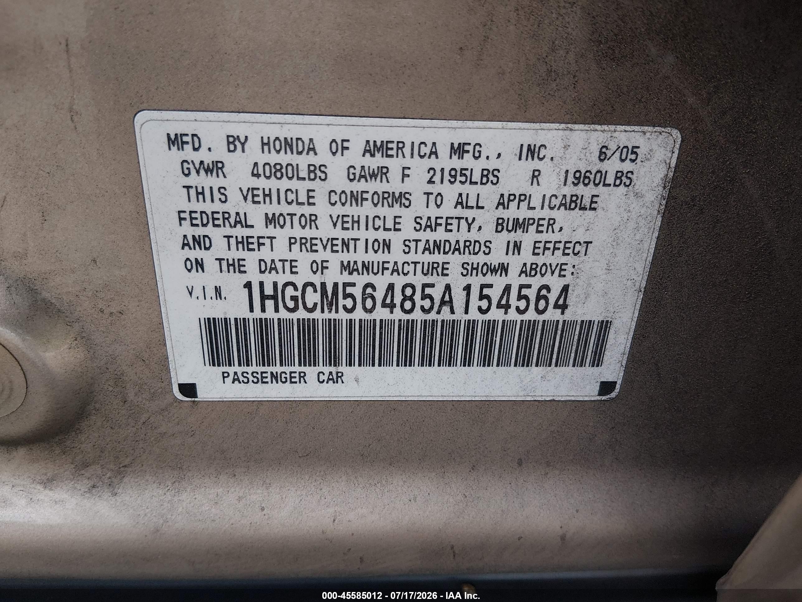 2005 Honda Accord 2.4 Lx Gold vin: 1HGCM56485A154564
