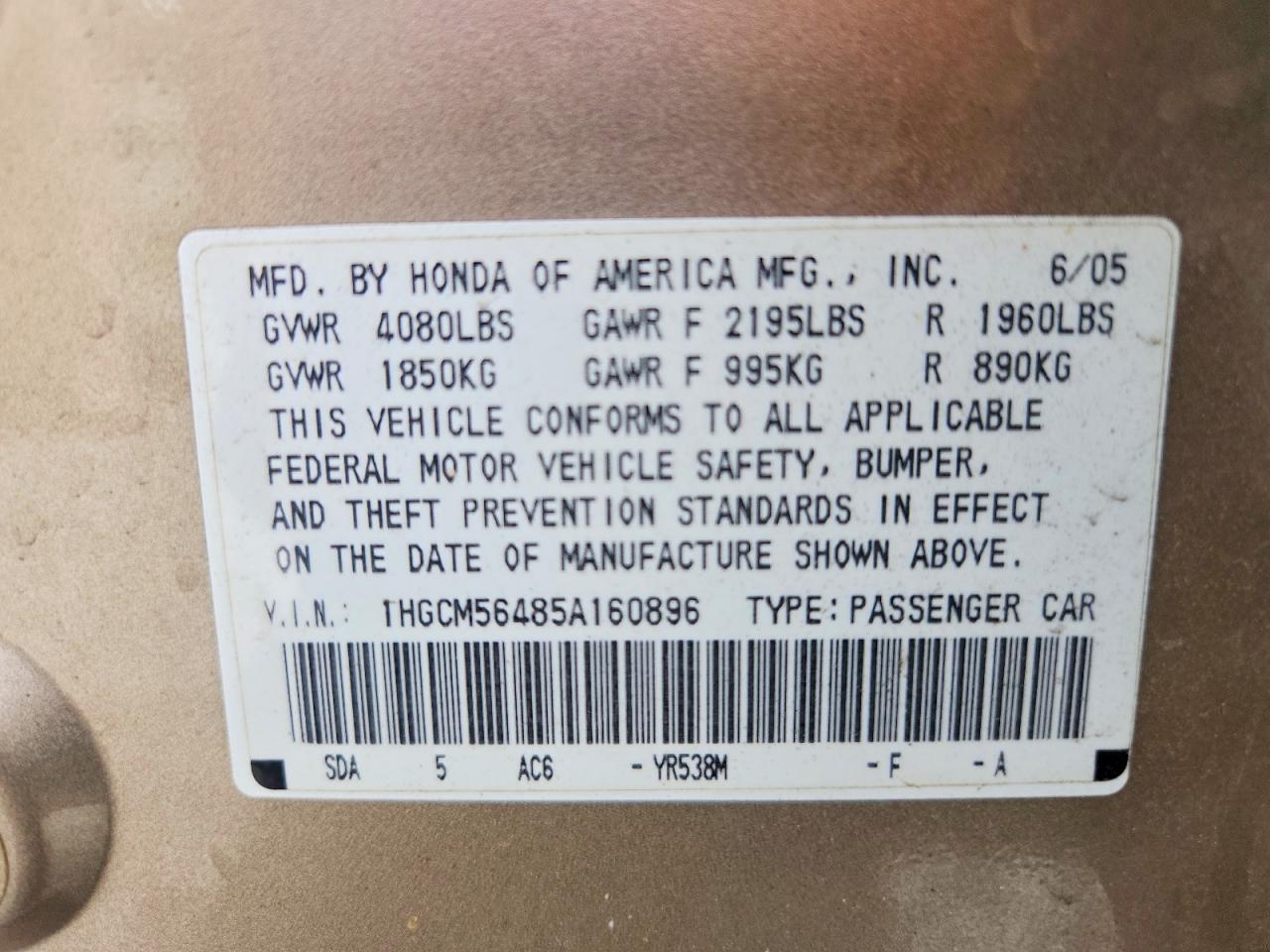 2005 Honda Accord Lx Tan vin: 1HGCM56485A160896