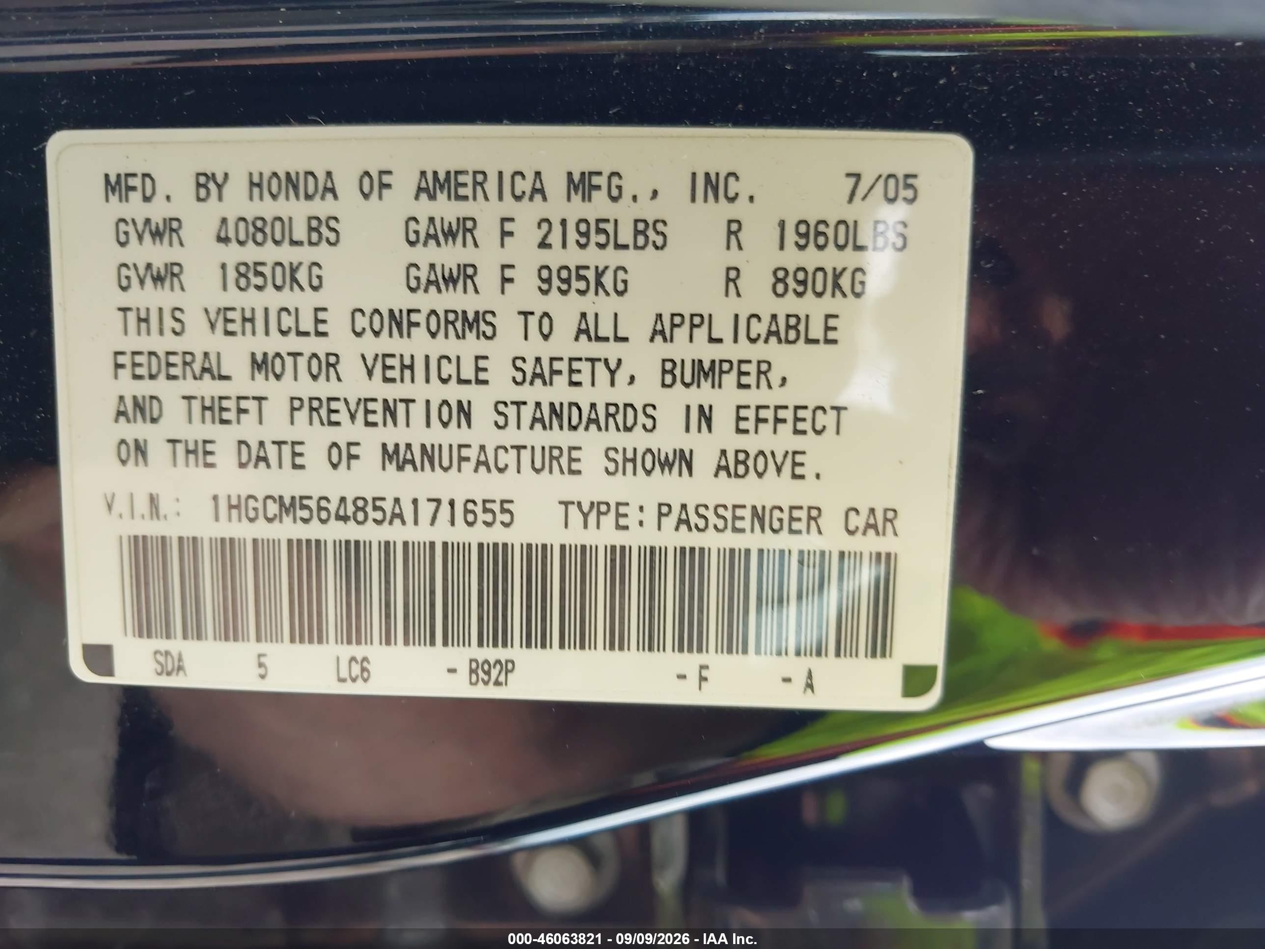 2005 Honda Accord 2.4 Lx Black vin: 1HGCM56485A171655