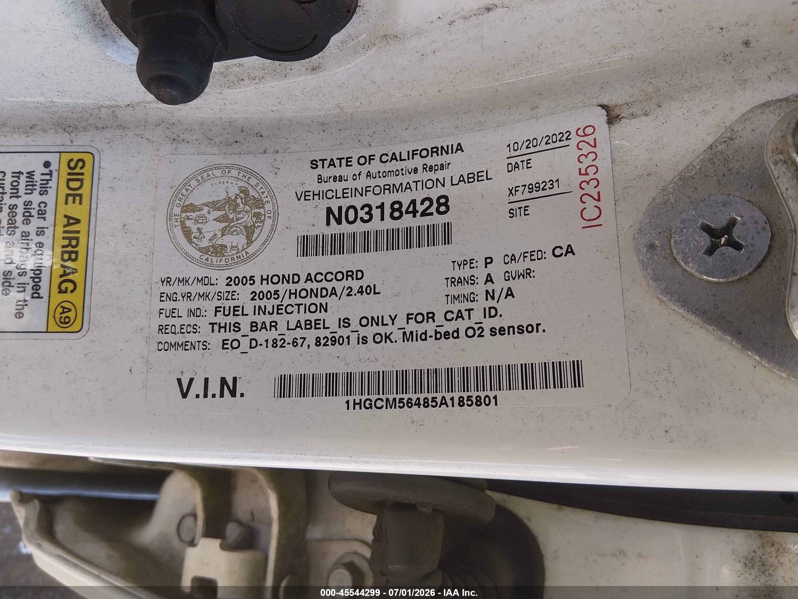 2005 Honda Accord 2.4 Lx Белый vin: 1HGCM56485A185801